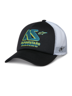 Boné Trucker Alpinestars Ayess, boné preto e branco com pala curva, painéis traseiros em malha branca, logótipo AS em azul-turquesa e amarelo com texto Alpinestars Racing, logótipo de estrela lateral na malha, estilo casual de desportos motorizados