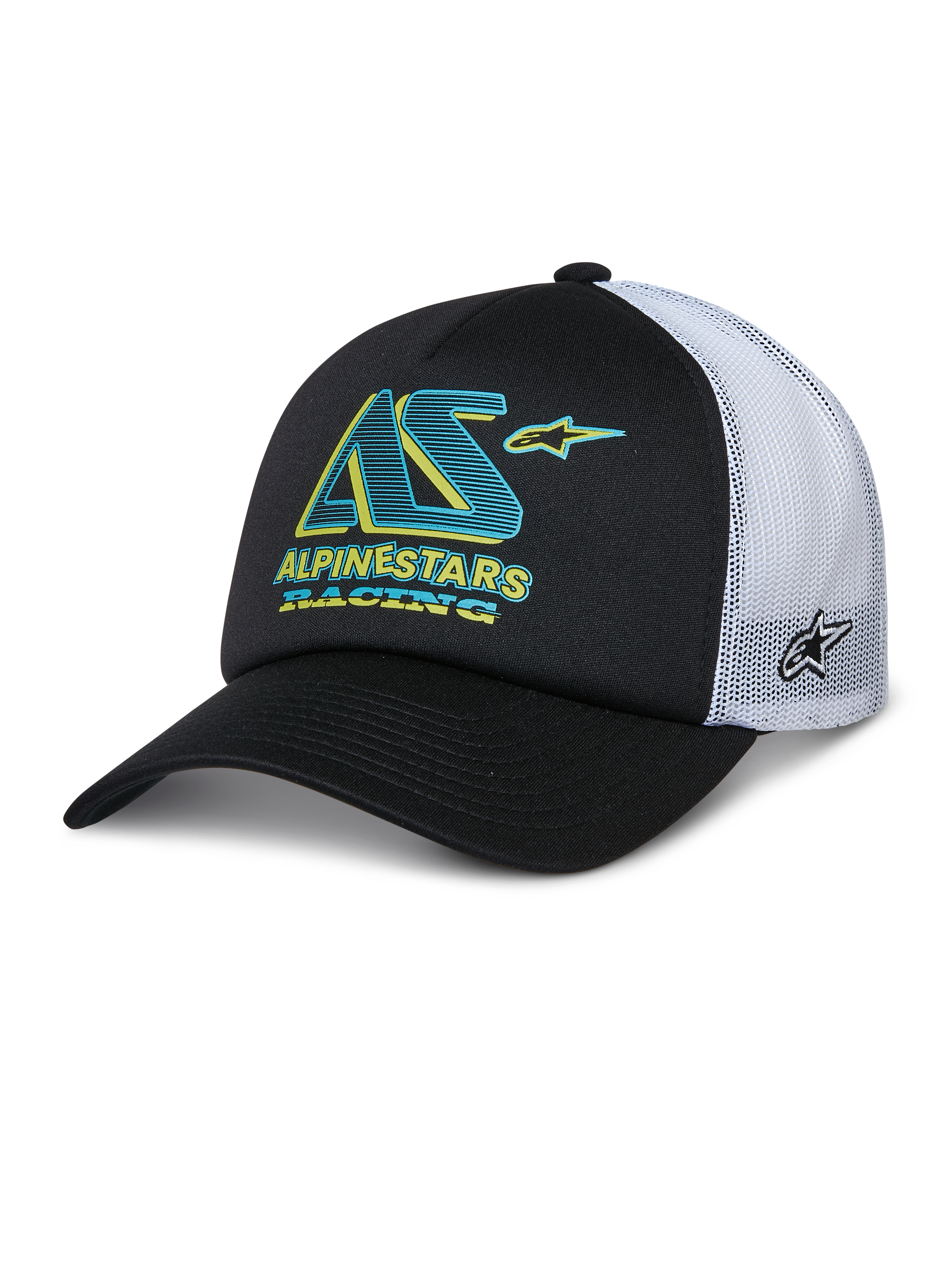 Boné Trucker Alpinestars Ayess, boné preto e branco com pala curva, painéis traseiros em malha branca, logótipo AS em azul-turquesa e amarelo com texto Alpinestars Racing, logótipo de estrela lateral na malha, estilo casual de desportos motorizados