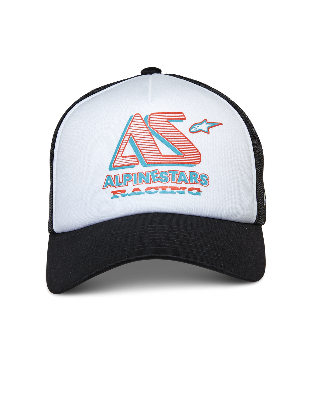 Boné Trucker Alpinestars Ayess, boné trucker branco e preto, painel frontal em espuma branca com pala curva preta e costas em rede, logótipo AS estilizado e Alpinestars Racing em vermelho e azul, streetwear casual inspirado no desporto motorizado