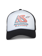 Boné Trucker Alpinestars Ayess, boné trucker branco e preto, painel frontal em espuma branca com pala curva preta e costas em rede, logótipo AS estilizado e Alpinestars Racing em vermelho e azul, streetwear casual inspirado no desporto motorizado