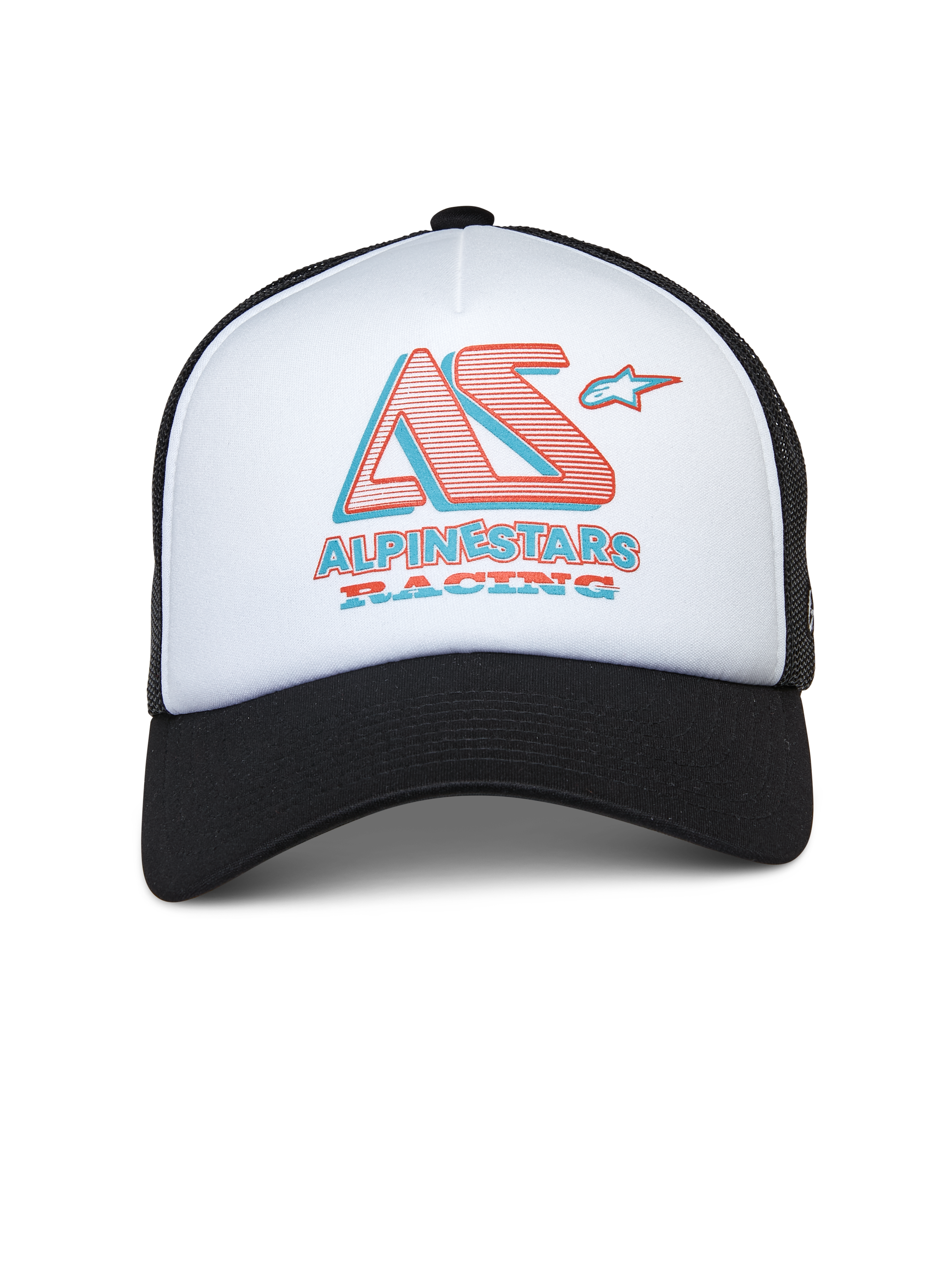 Boné Trucker Alpinestars Ayess, boné trucker branco e preto, painel frontal em espuma branca com pala curva preta e costas em rede, logótipo AS estilizado e Alpinestars Racing em vermelho e azul, streetwear casual inspirado no desporto motorizado