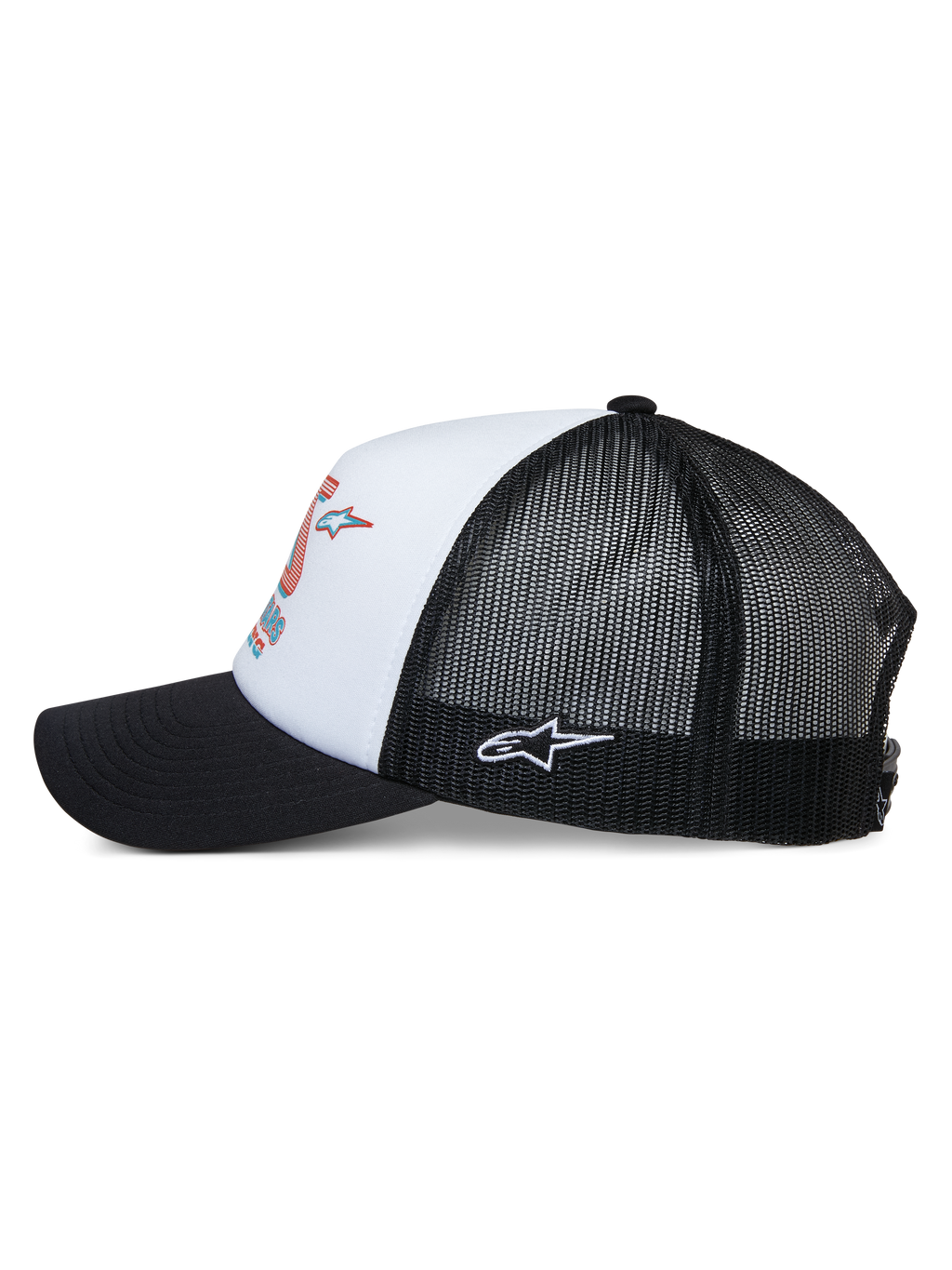 Boné Trucker Ayess Alpinestars, vista lateral, copa de espuma branca com estampado de corrida colorido, pala curva preta, painéis traseiros em rede preta com logótipo Astar bordado a branco na lateral, acessório de cabeça casual inspirado no desporto motorizado