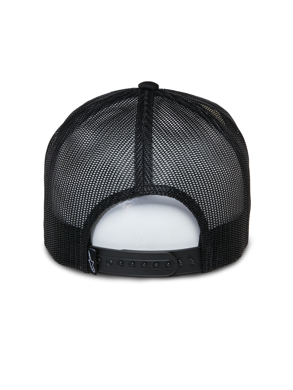 Boné Trucker Ayess Alpinestars, boné de estilo desportivo casual, branco e preto, vista traseira com painéis de malha respirável pretos e fecho snapback ajustável, design clássico de trucker com coroa de espuma