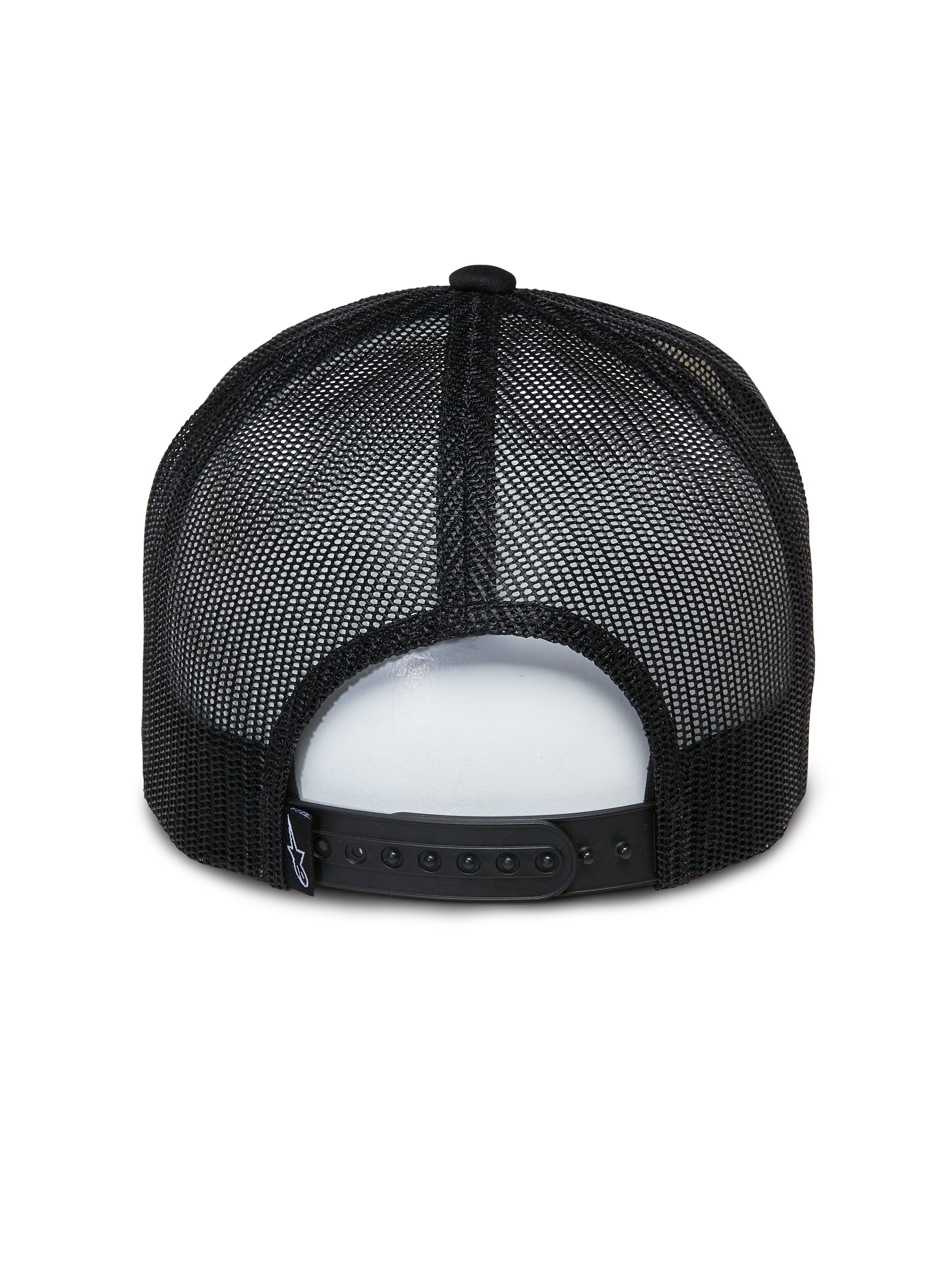 Boné Trucker Ayess Alpinestars, boné de estilo desportivo casual, branco e preto, vista traseira com painéis de malha respirável pretos e fecho snapback ajustável, design clássico de trucker com coroa de espuma
