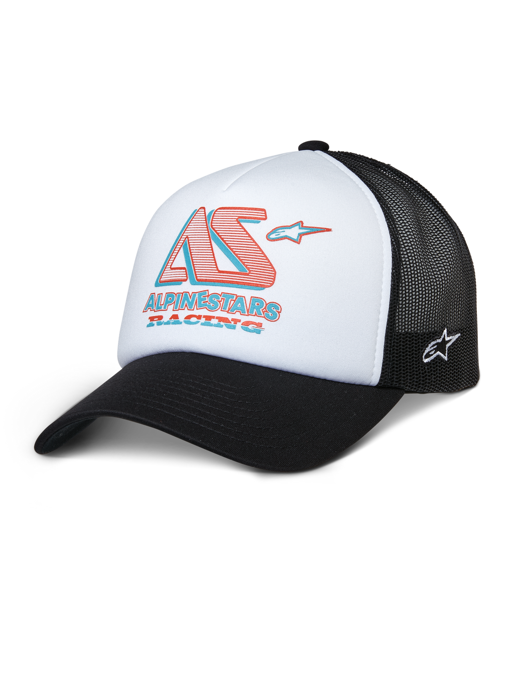 Alpinestars Ayess Trucker Hat, boné de rede branco e preto com logótipo AS Racing em vermelho e azul, pala curva, acessório de cabeça desportivo e casual