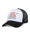 Alpinestars Ayess Trucker Hat, boné de rede branco e preto com logótipo AS Racing em vermelho e azul, pala curva, acessório de cabeça desportivo e casual