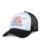 Alpinestars Ayess Trucker Hat, boné de rede branco e preto com logótipo AS Racing em vermelho e azul, pala curva, acessório de cabeça desportivo e casual