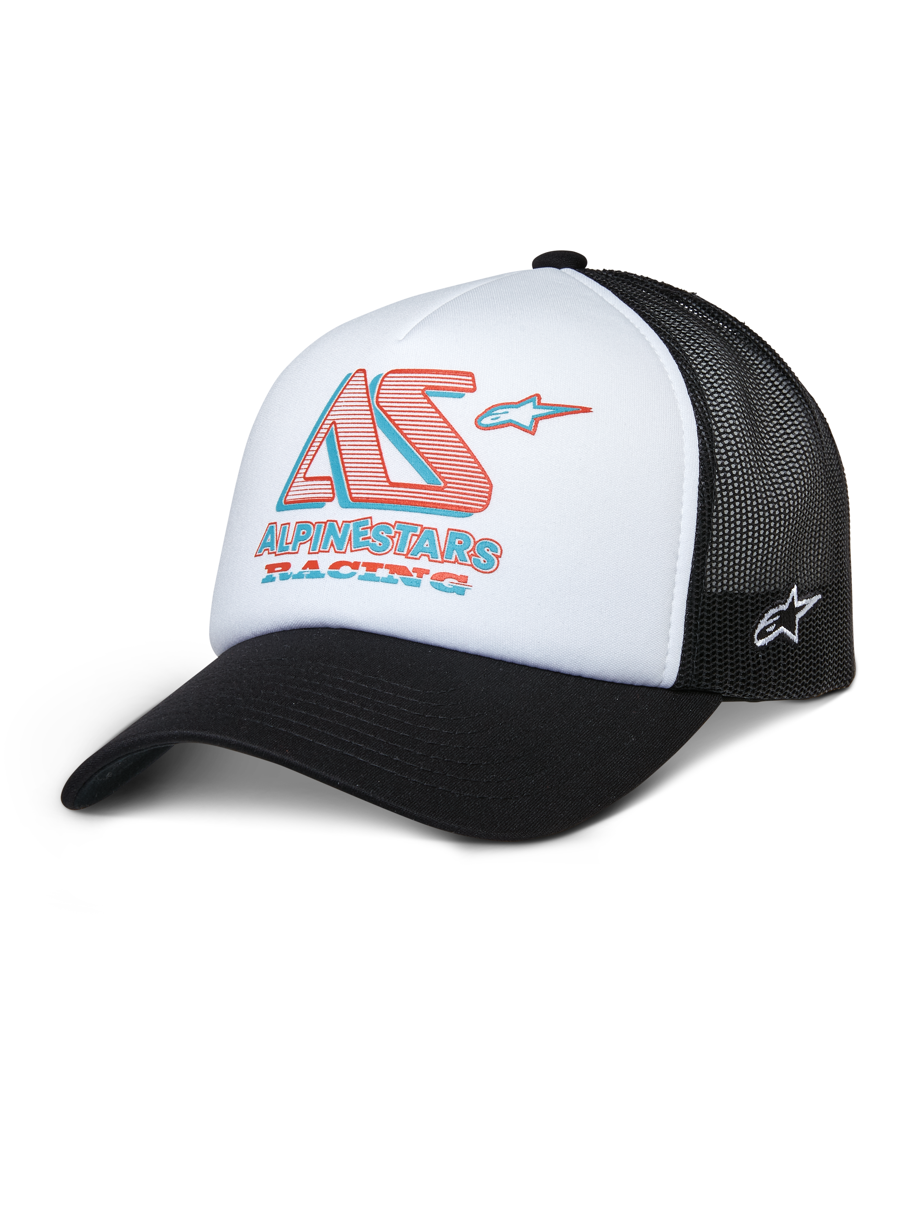 Alpinestars Ayess Trucker Hat, boné de rede branco e preto com logótipo AS Racing em vermelho e azul, pala curva, acessório de cabeça desportivo e casual