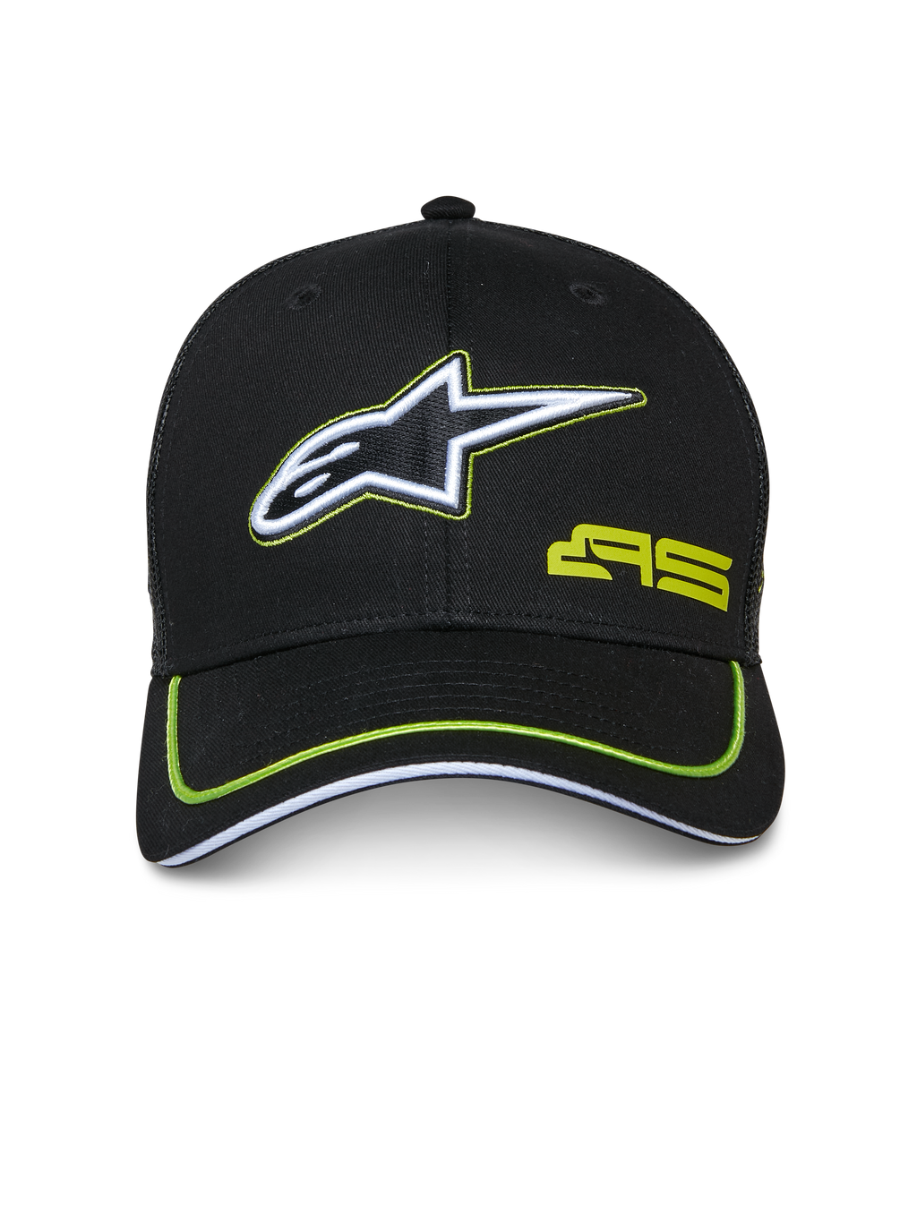 Alpinestars Exceed Trucker Hat, boné preto com detalhes em verde lima, apresenta logótipo de estrela bordado a branco e preto, logótipo AS verde lima, pala curva com debrum néon, acessório casual inspirado no desporto motorizado