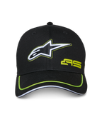 Alpinestars Exceed Trucker Hat, boné preto com detalhes em verde lima, apresenta logótipo de estrela bordado a branco e preto, logótipo AS verde lima, pala curva com debrum néon, acessório casual inspirado no desporto motorizado
