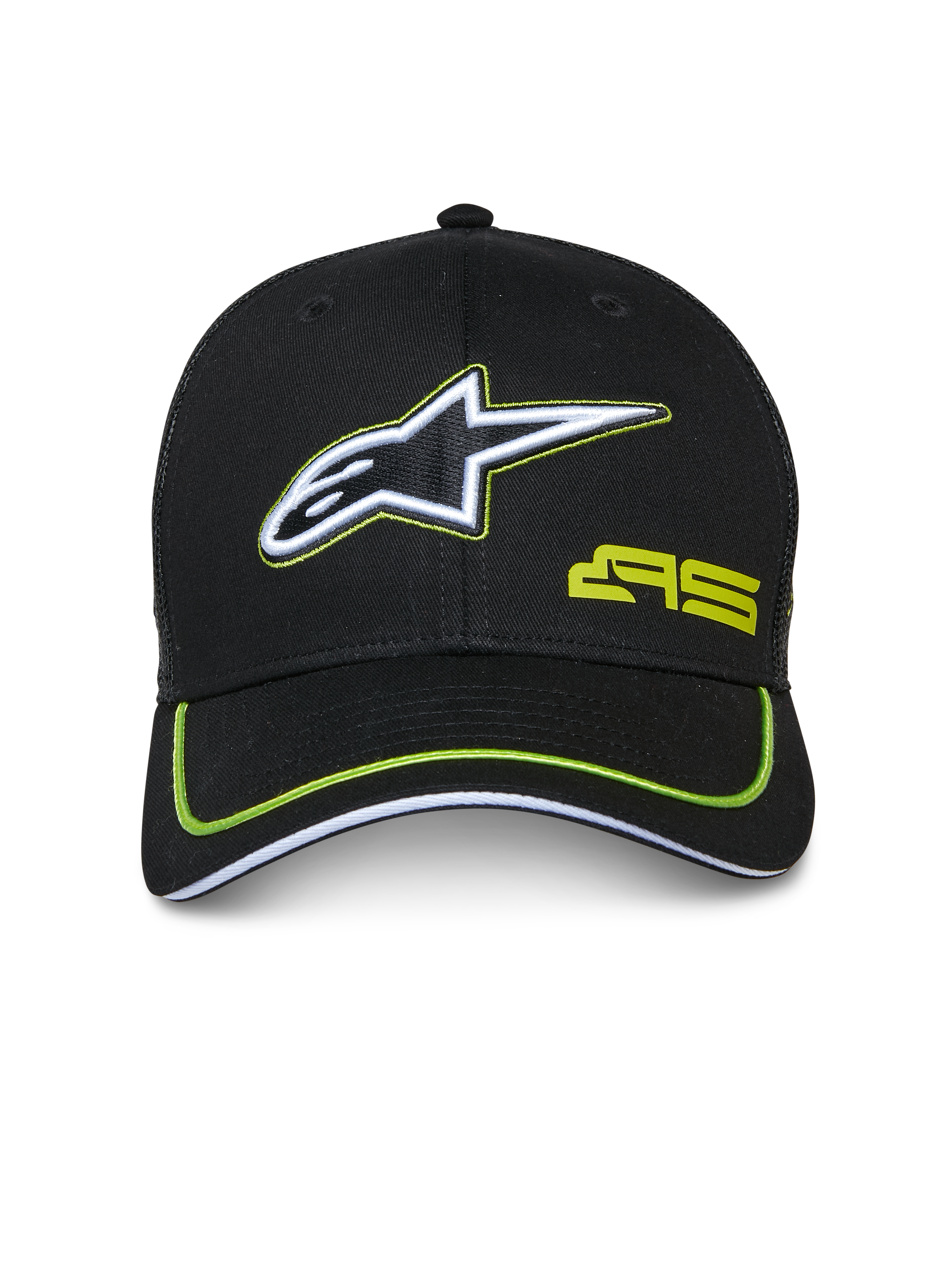 Alpinestars Exceed Trucker Hat, boné preto com detalhes em verde lima, apresenta logótipo de estrela bordado a branco e preto, logótipo AS verde lima, pala curva com debrum néon, acessório casual inspirado no desporto motorizado