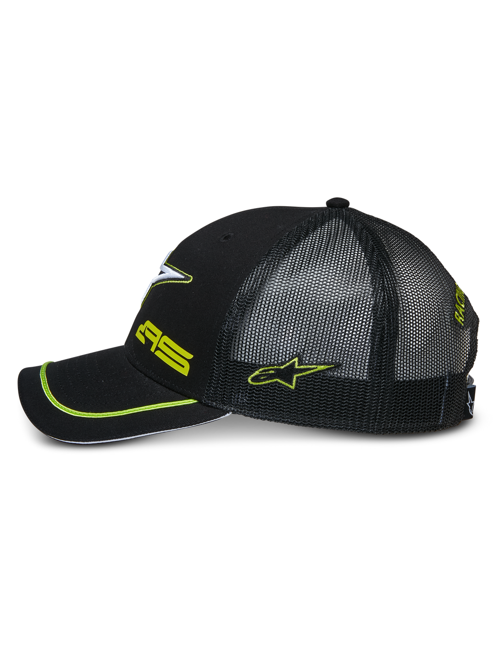 Boné Trucker Alpinestars Exceed, perfil lateral de um boné snapback preto, com parte traseira em rede preta, pala curva com debrum verde néon, logótipos bordados a verde néon, acessório de cabeça casual de desportos motorizados