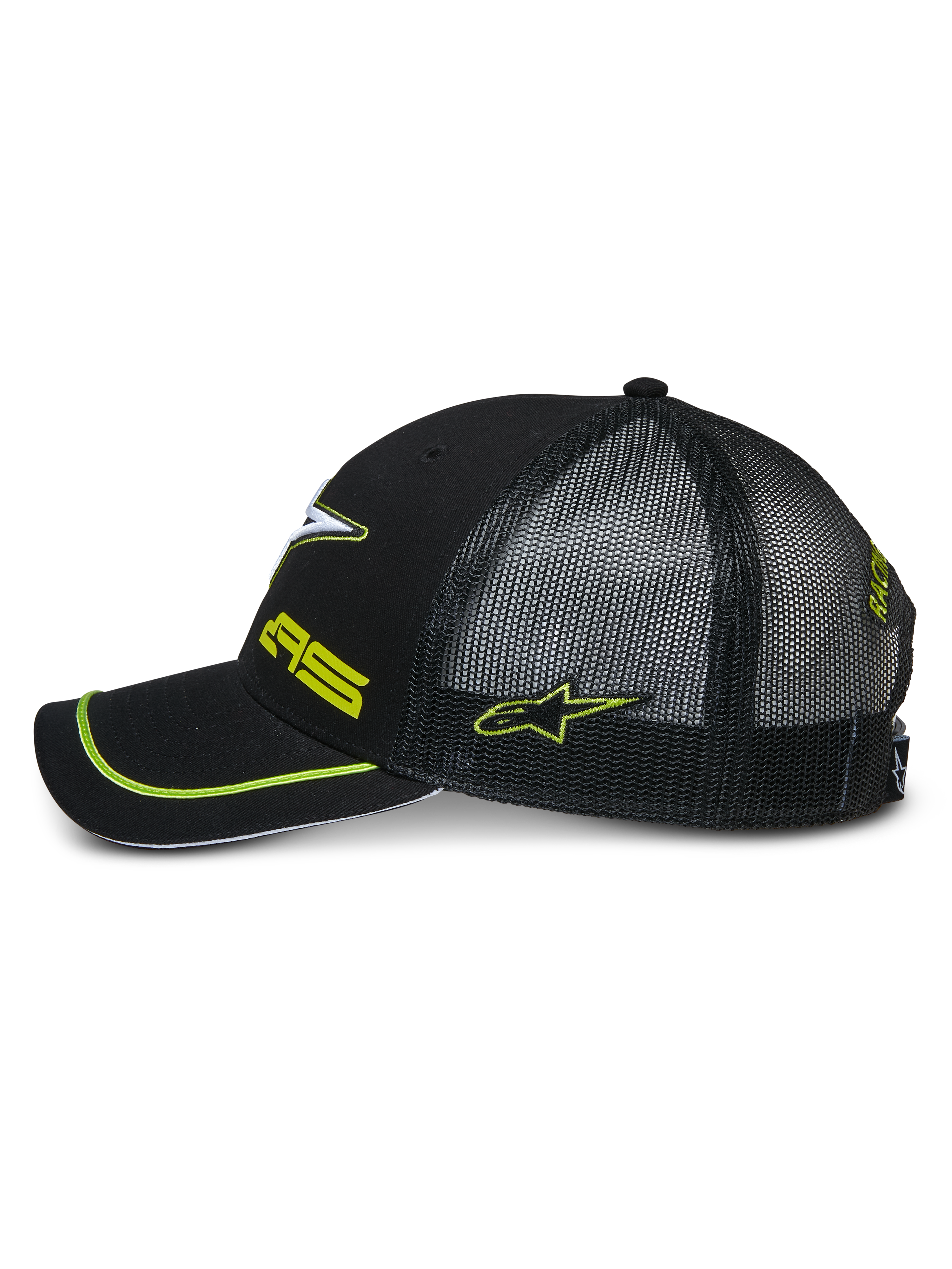 Boné Trucker Alpinestars Exceed, perfil lateral de um boné snapback preto, com parte traseira em rede preta, pala curva com debrum verde néon, logótipos bordados a verde néon, acessório de cabeça casual de desportos motorizados