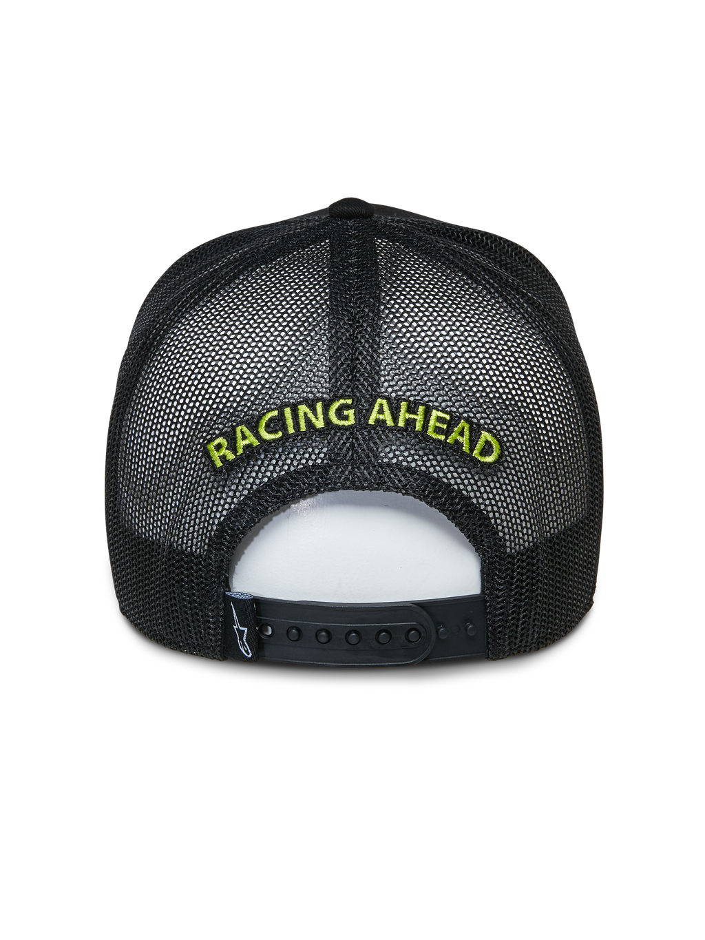 Alpinestars Exceed Trucker Hat, boné trucker preto, vista traseira com painéis de rede e fecho snapback, bordado 'RACING AHEAD' em verde lima, acessório casual inspirado no desporto motorizado