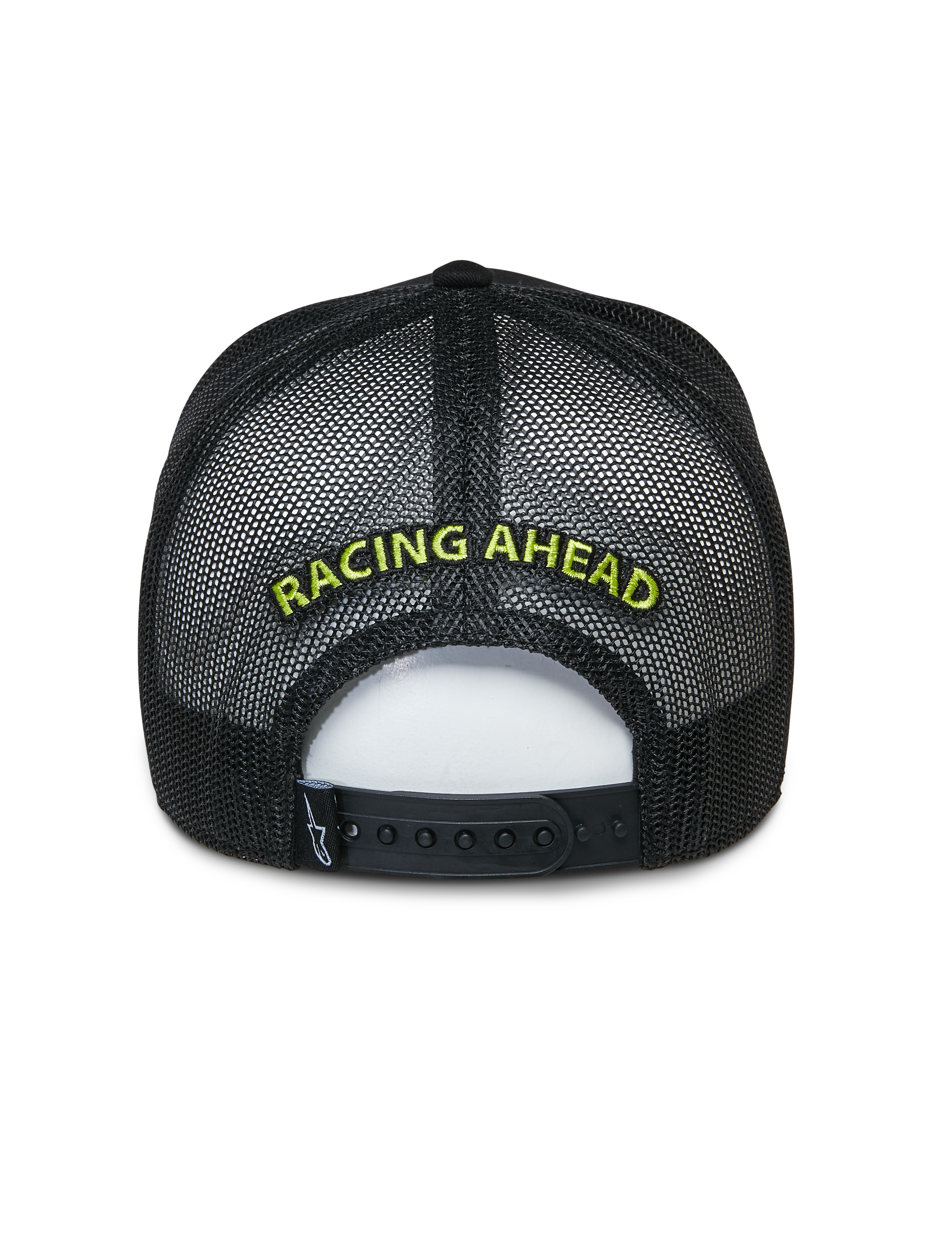 Alpinestars Exceed Trucker Hat, boné trucker preto, vista traseira com painéis de rede e fecho snapback, bordado 'RACING AHEAD' em verde lima, acessório casual inspirado no desporto motorizado