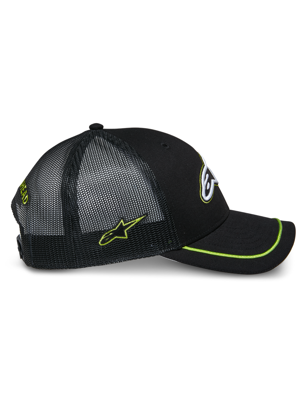 Boné Trucker Alpinestars Exceed, vista lateral, preto com detalhes em verde lima, painéis traseiros em rede, pala curva com acabamento sutache em verde lima, logótipo lateral bordado, estilo casual motorsport