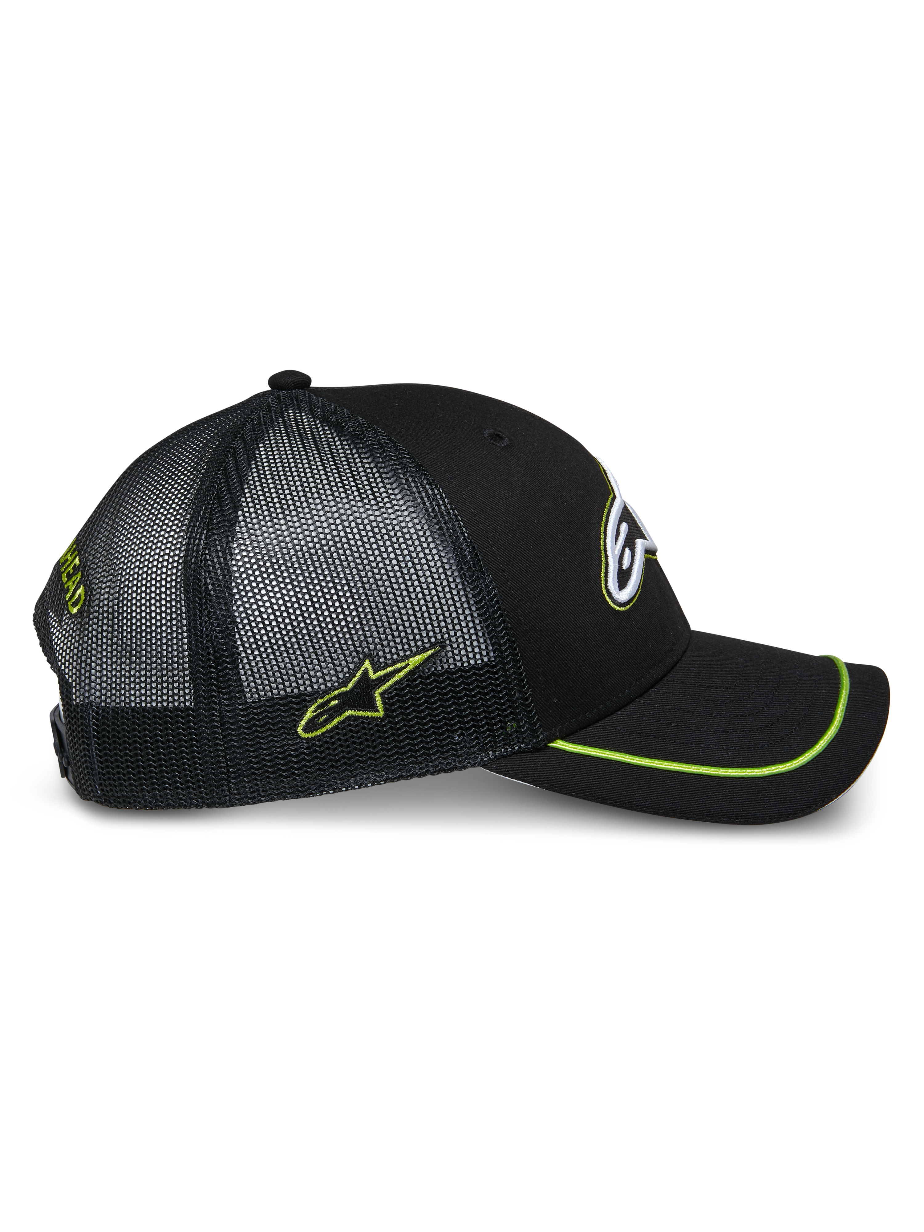 Boné Trucker Alpinestars Exceed, vista lateral, preto com detalhes em verde lima, painéis traseiros em rede, pala curva com acabamento sutache em verde lima, logótipo lateral bordado, estilo casual motorsport
