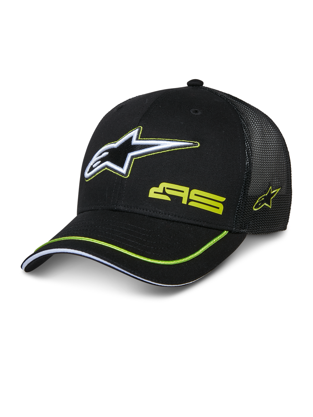 Alpinestars Exceed Trucker Hat, boné trucker preto com frente estruturada e traseira em rede, logótipo Astars grande bordado em branco e verde lima, marca AS na copa, pala curva com contorno verde lima, acessório casual de desportos motorizados