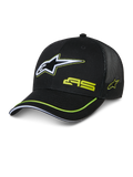 Alpinestars Exceed Trucker Hat, boné trucker preto com frente estruturada e traseira em rede, logótipo Astars grande bordado em branco e verde lima, marca AS na copa, pala curva com contorno verde lima, acessório casual de desportos motorizados