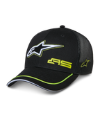 Alpinestars Exceed Trucker Hat, boné trucker preto com frente estruturada e traseira em rede, logótipo Astars grande bordado em branco e verde lima, marca AS na copa, pala curva com contorno verde lima, acessório casual de desportos motorizados