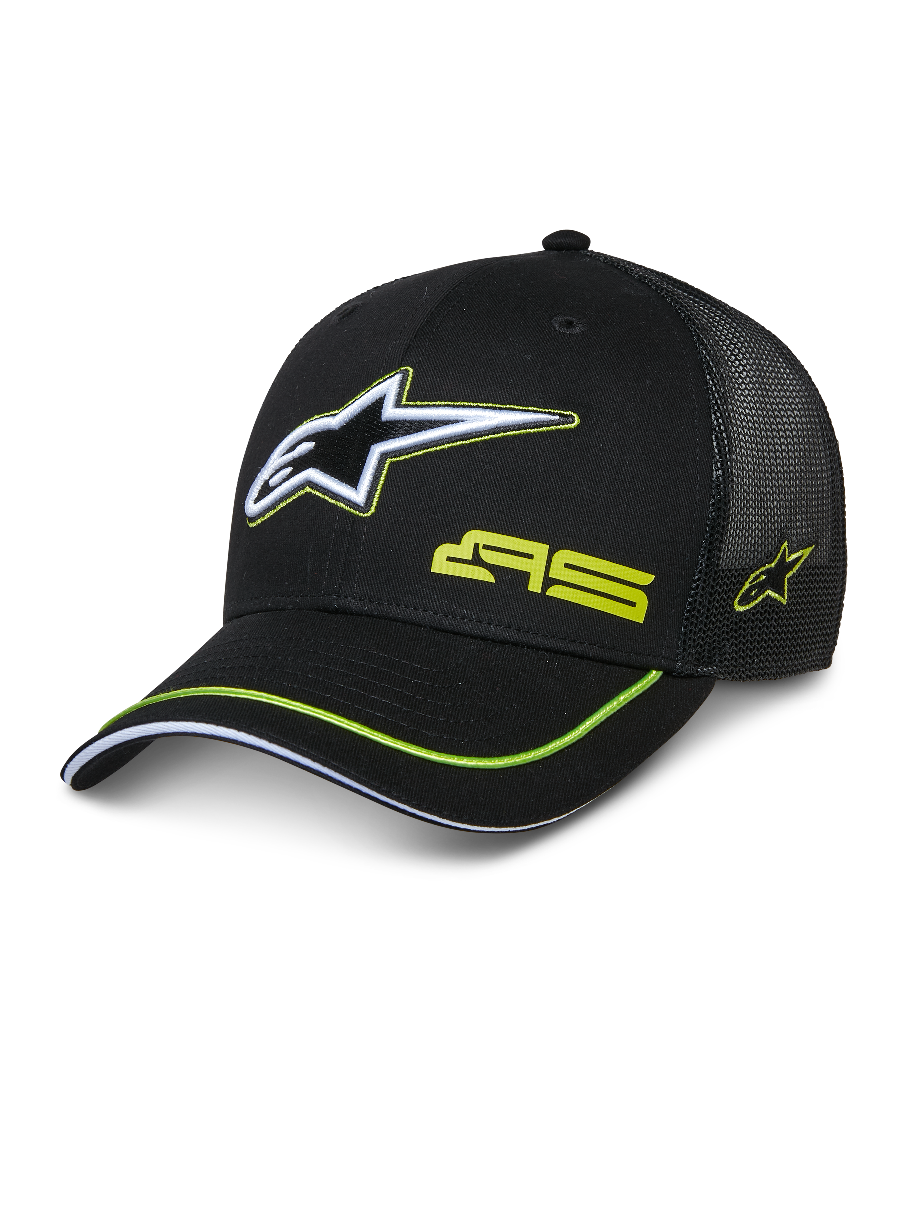 Alpinestars Exceed Trucker Hat, boné trucker preto com frente estruturada e traseira em rede, logótipo Astars grande bordado em branco e verde lima, marca AS na copa, pala curva com contorno verde lima, acessório casual de desportos motorizados