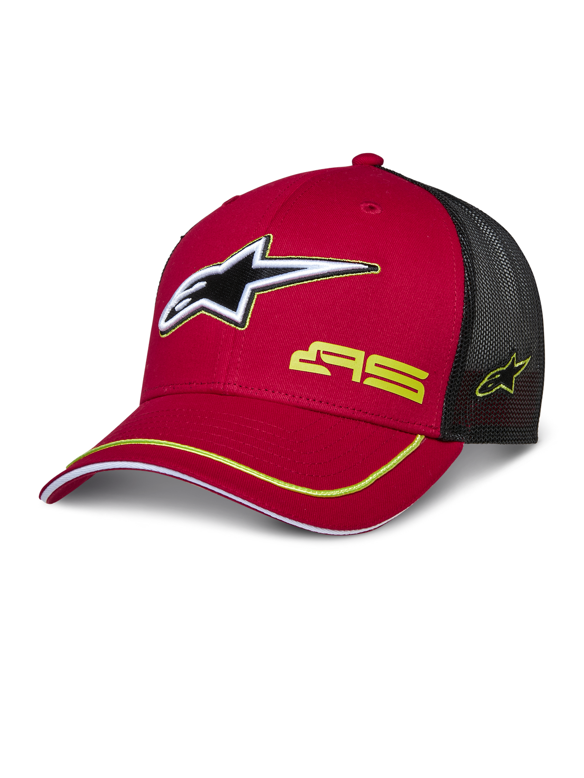 Alpinestars Exceed Trucker Hat, Red and Black, Mesh Back Baseball Cap featuring 3D Star Logo, Yellow AS Branding, and Yellow Accent Trim on Curved Brim