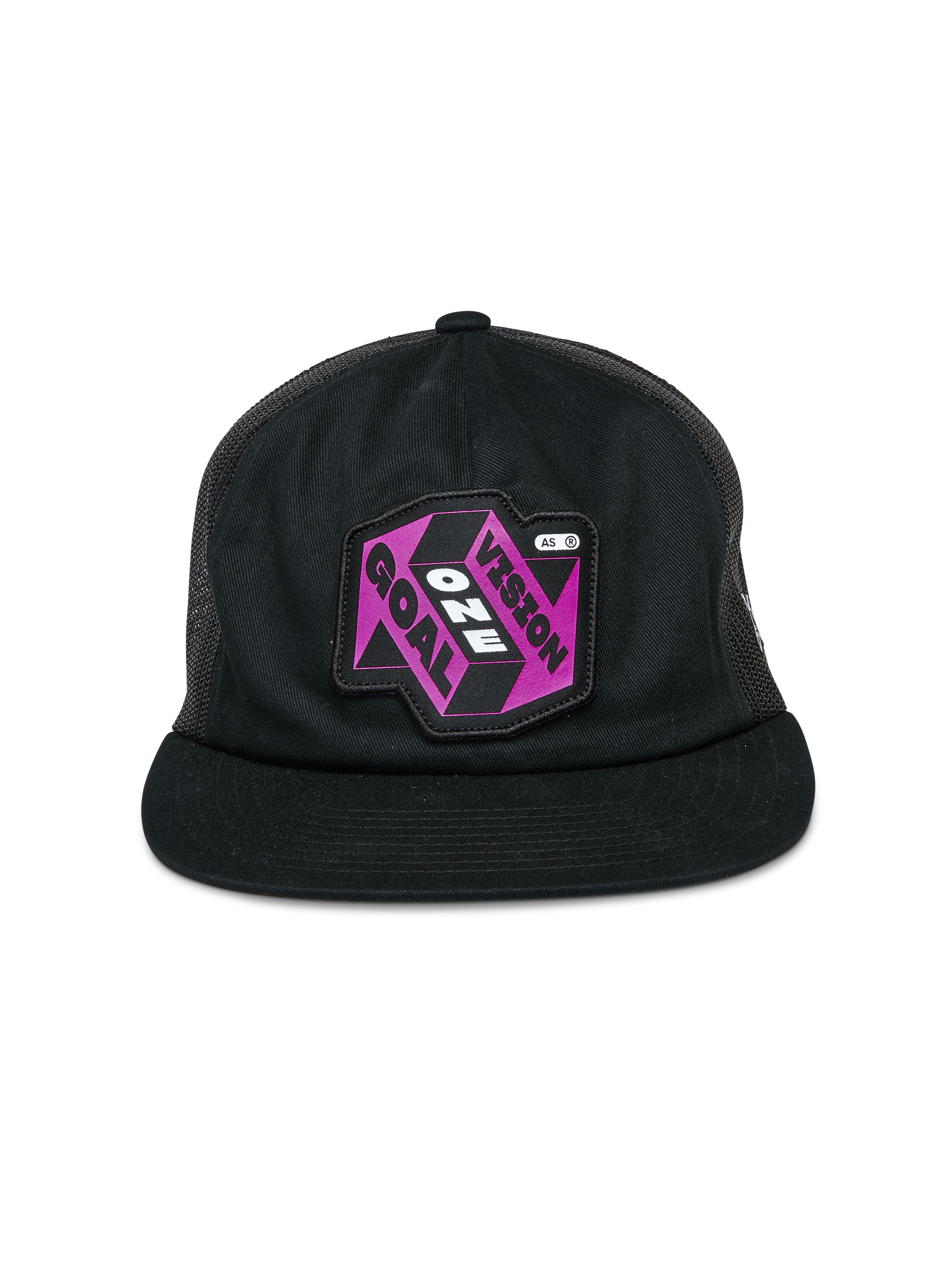 Boné Trucker Alpinestars That Way, boné trucker preto, apresenta um emblema gráfico roxo e preto com o texto "One Vision One Goal", pala plana, copa estruturada e painéis traseiros em rede, acessório de cabeça casual inspirado no desporto motorizado