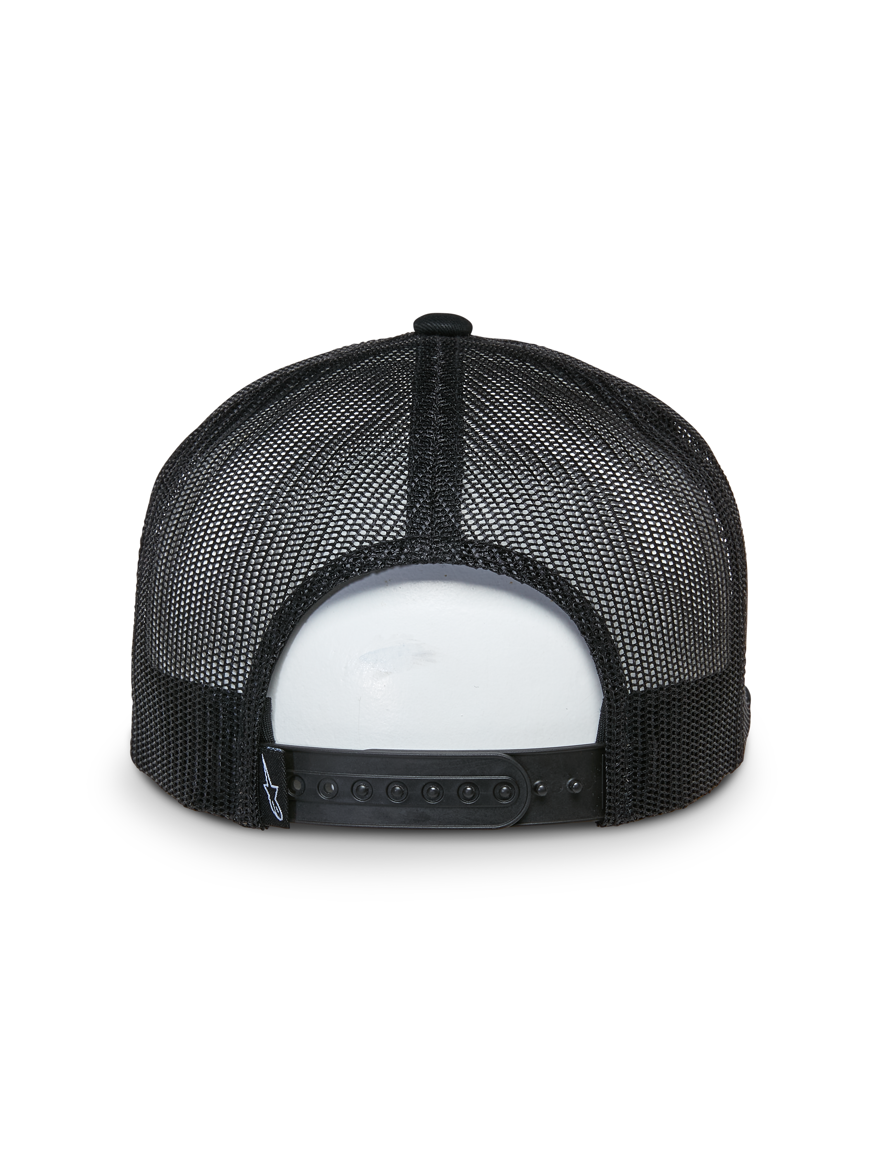 Boné Trucker Alpinestars That Way, vista traseira, preto, painéis traseiros em malha com fecho snapback ajustável, pequena etiqueta tecida com logótipo, acessório de cabeça casual inspirado no desporto motorizado