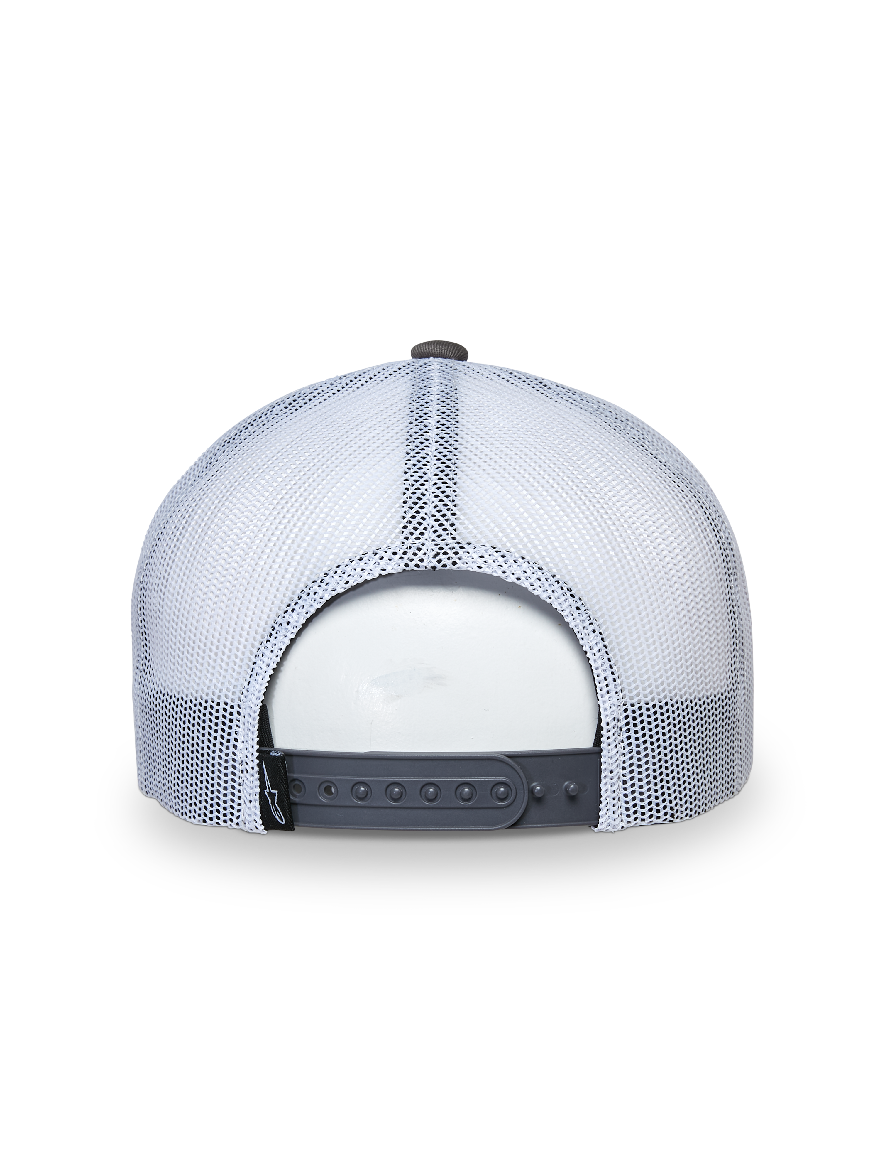 Alpinestars That Way Trucker Hat, Trucker Cap, Grey and White, Back view showing white mesh panels and grey snapback closure, adjustable fit, casual sportswear headwear