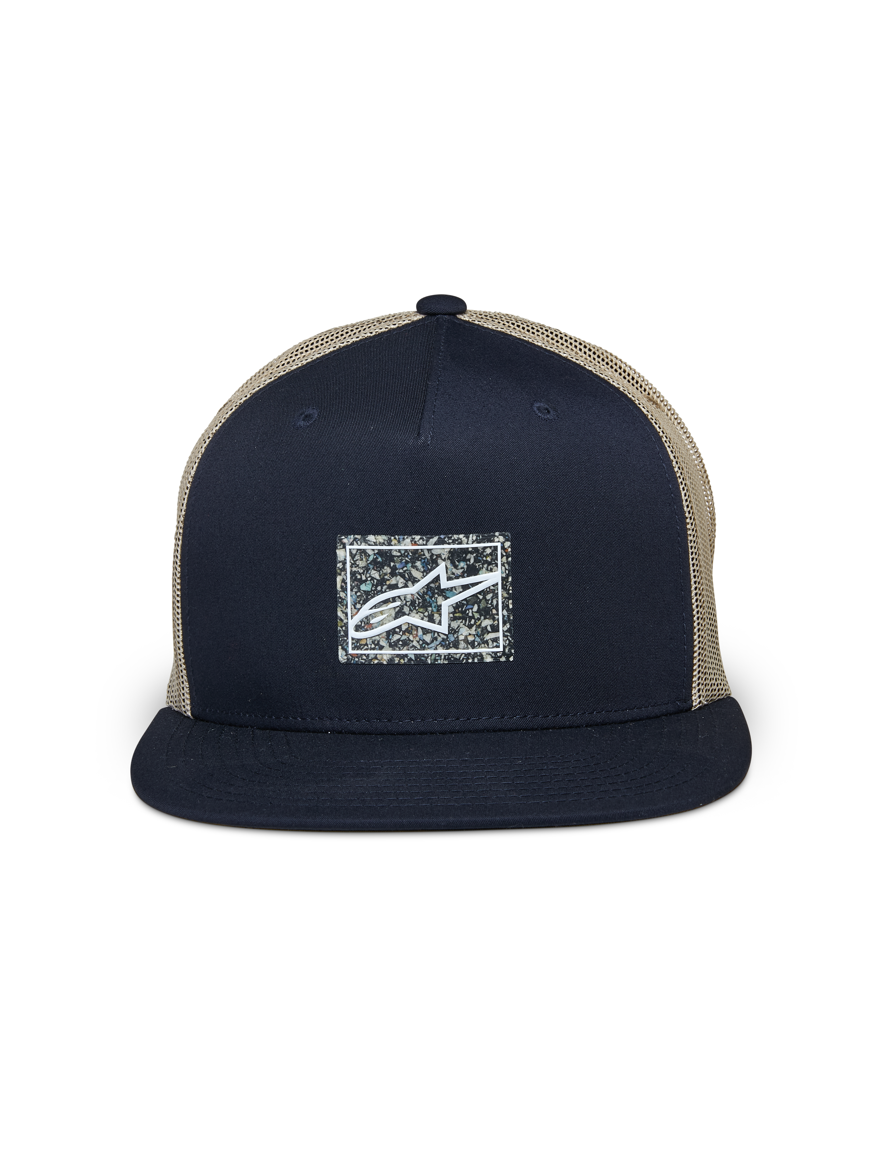 Alpinestars Mackinic Trucker Hat, Navy Blue and Khaki, Flat Bill Trucker Cap, structured navy front panel with a speckled rectangular recycled logo patch, khaki mesh back, casual motorsport-inspired headwear