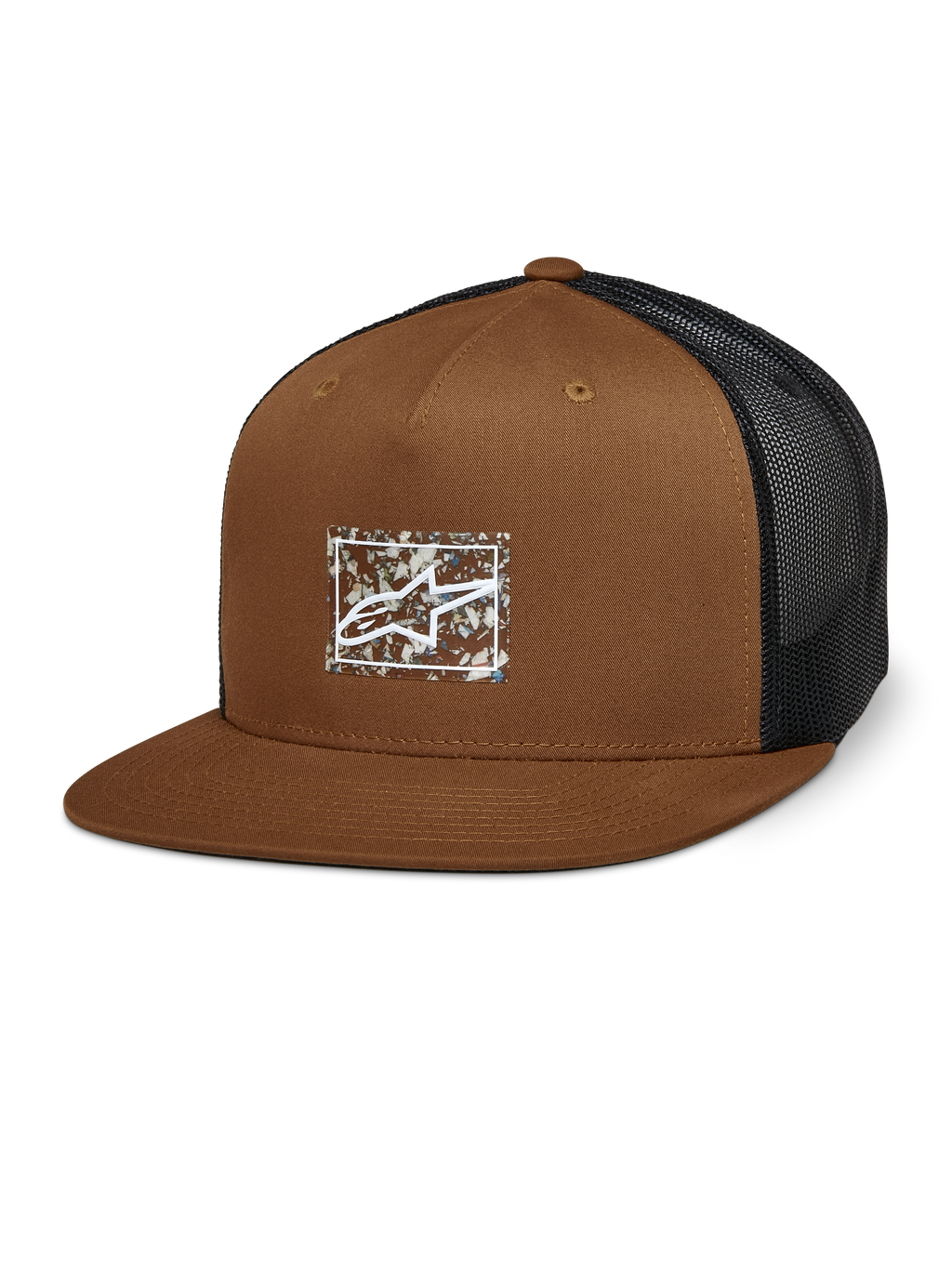 Alpinestars Mackinic Trucker Hat, Brown and Black Mesh Back, Structured Crown and Flat Bill, White A-star Logo on a Rectangular Speckled Patch, Casual Motorsport-Inspired Headwear