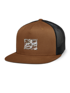 Alpinestars Mackinic Trucker Hat, Brown and Black Mesh Back, Structured Crown and Flat Bill, White A-star Logo on a Rectangular Speckled Patch, Casual Motorsport-Inspired Headwear