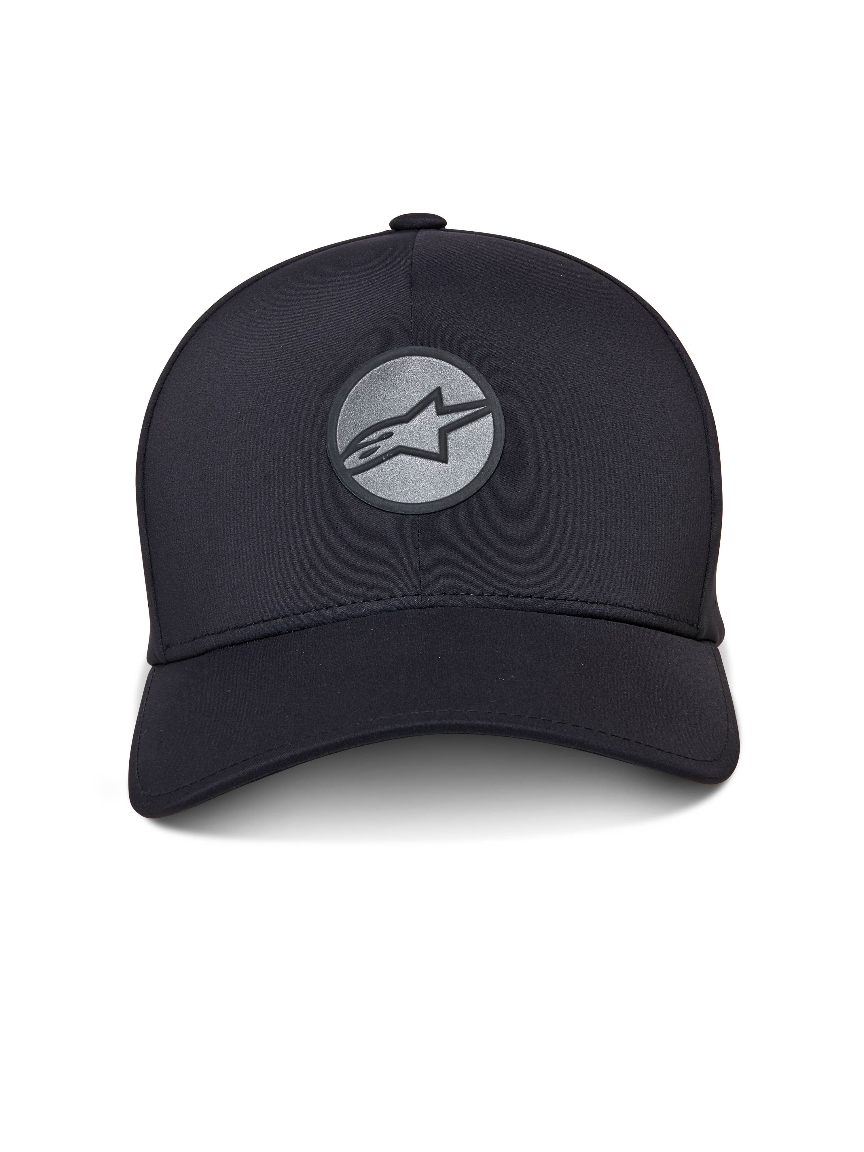 Alpinestars Apex Hat, Black Sportswear Hat, curved bill and structured crown, front reflective welded Astar logo on a circular patch, seamless construction with a modern athletic design