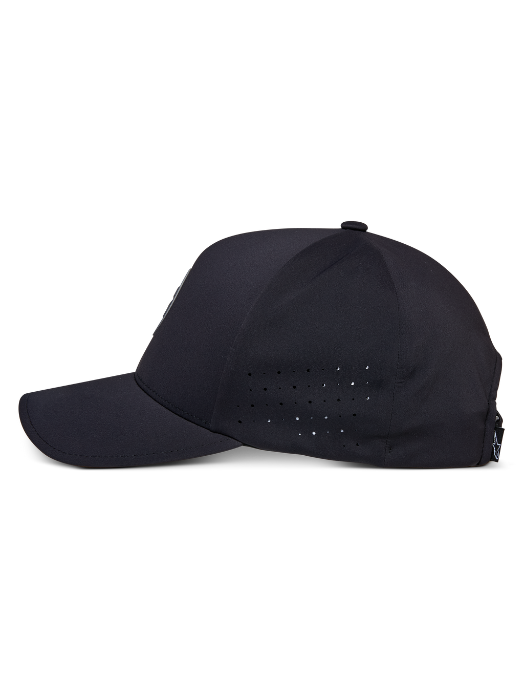Alpinestars Apex Hat, Black, side profile view, curved bill with structured crown, side panel perforations for breathability, moisture-wicking technical fabric, casual performance sportswear