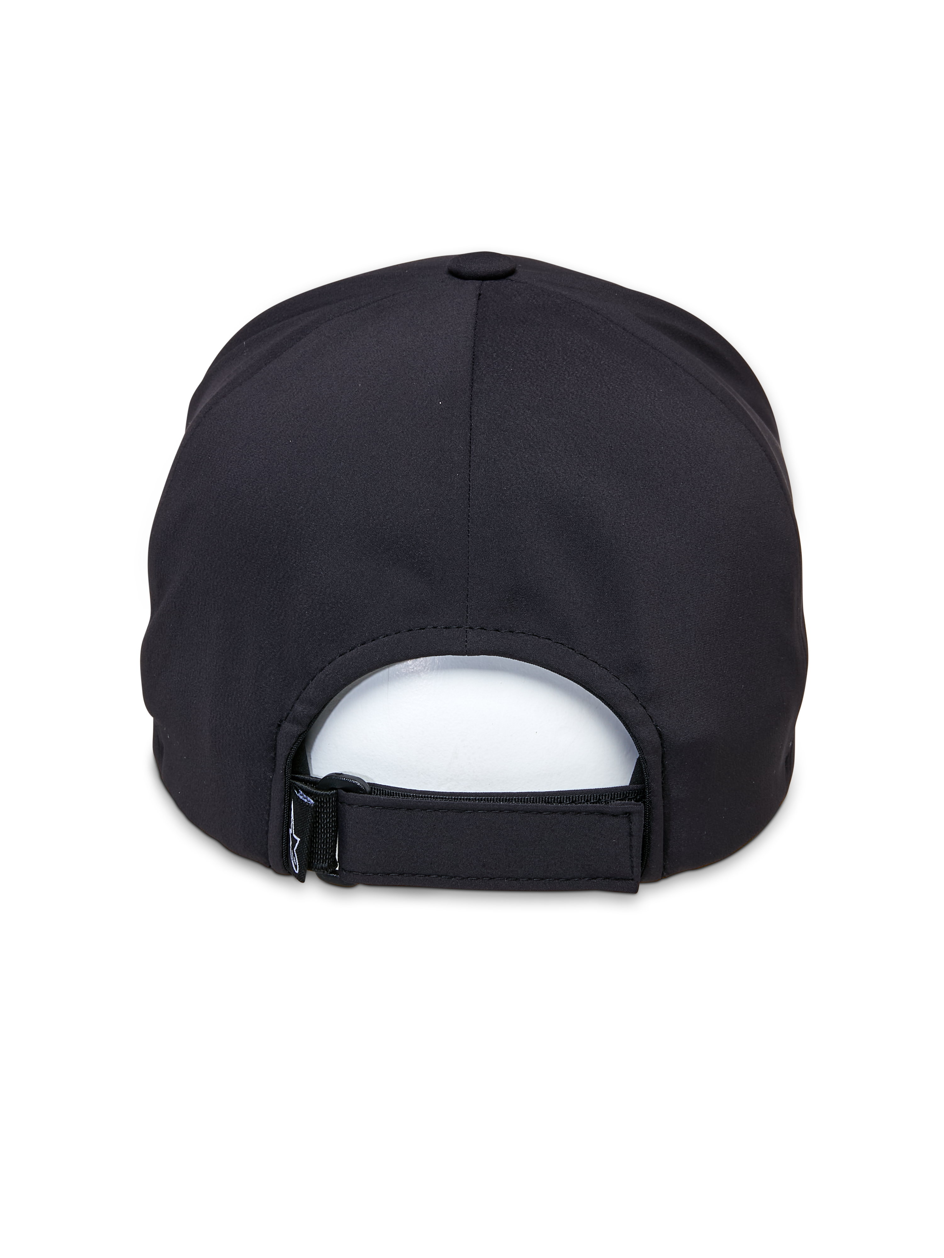 Alpinestars Apex Hat, Black, back view showing the adjustable Velcro strap, stitchless crown construction, and breathable performance fabric for casual sportswear.