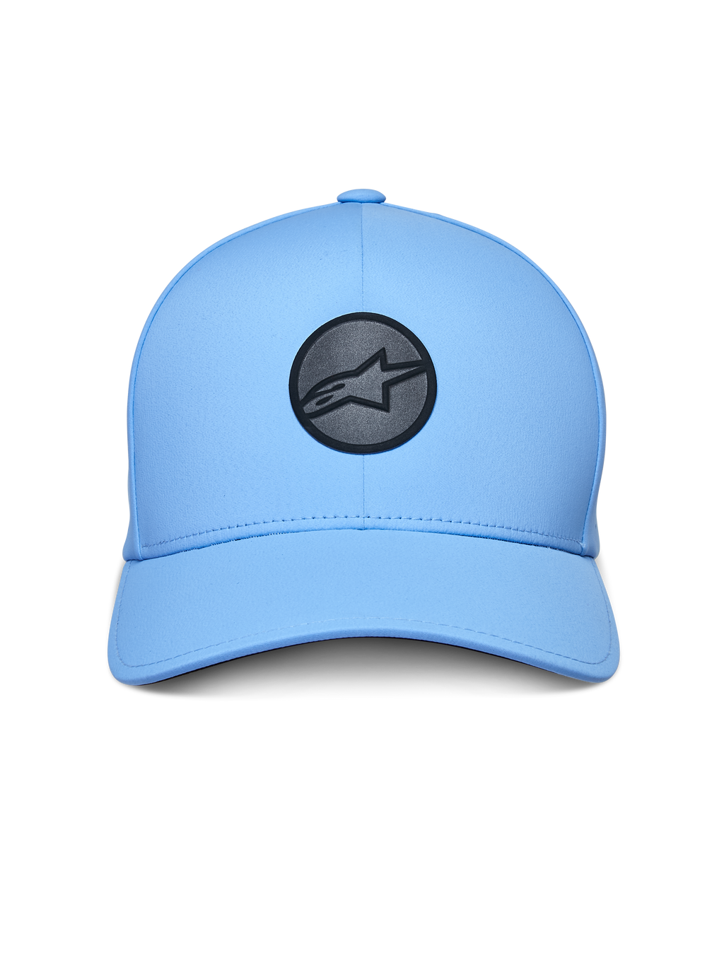 Alpinestars Apex Hat, boné azul claro com logótipo refletor preto circular na frente, pala curvada, copa estruturada e construção técnica sem costuras