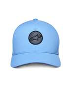 Alpinestars Apex Hat, boné azul claro com logótipo refletor preto circular na frente, pala curvada, copa estruturada e construção técnica sem costuras