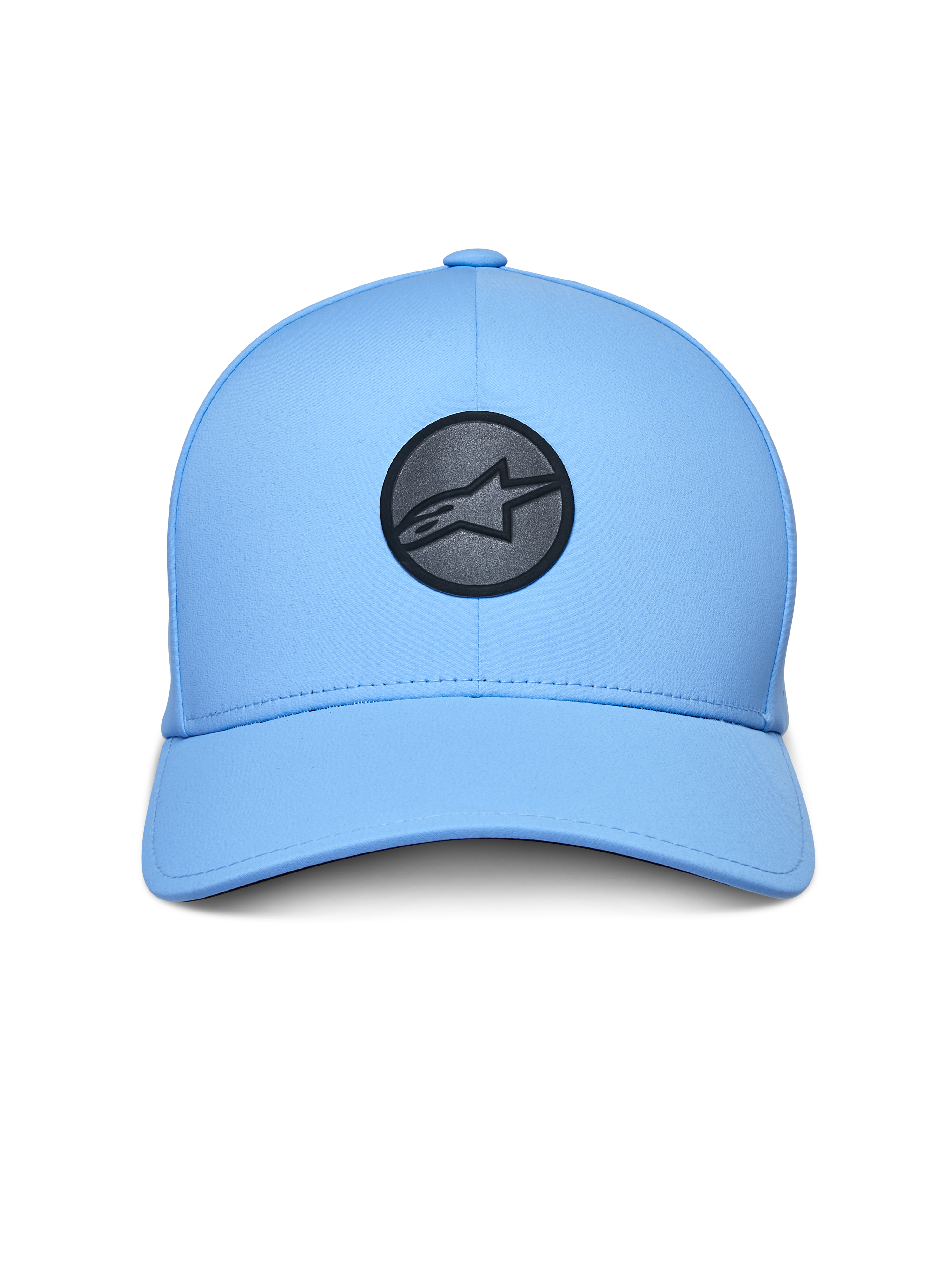 Alpinestars Apex Hat, boné azul claro com logótipo refletor preto circular na frente, pala curvada, copa estruturada e construção técnica sem costuras