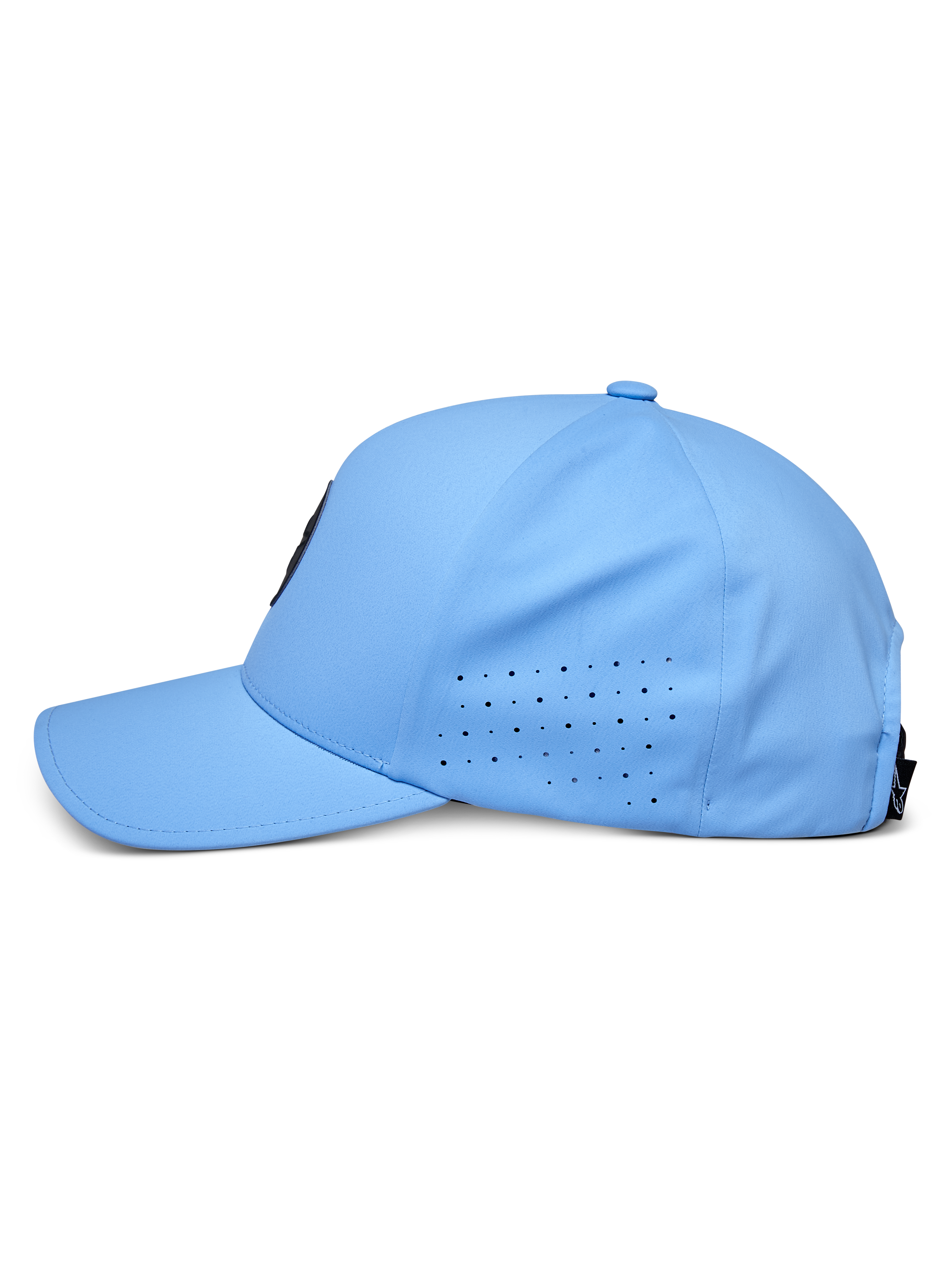 Alpinestars Apex Hat, azul, vista de perfil lateral, pala curva com painéis laterais perfurados para ventilação, tecido técnico que absorve a humidade, acessório de performance inspirado no desporto motorizado
