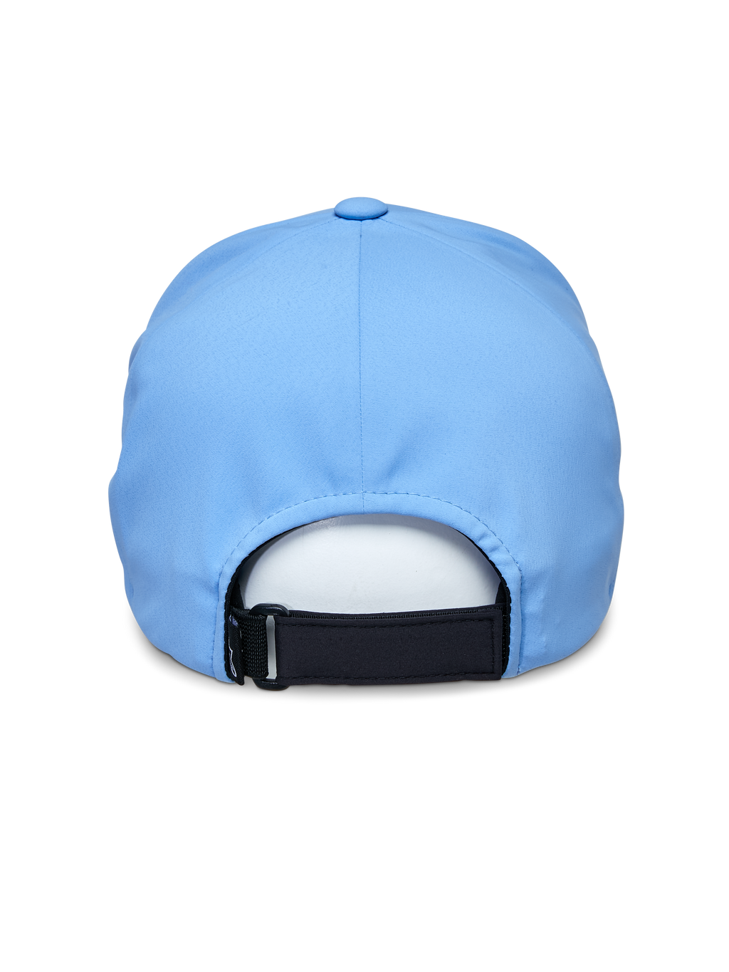 Boné Alpinestars Apex, azul, vista traseira com fecho de velcro ajustável preto, construção da copa suave sem costuras, tecido técnico que absorve a humidade, boné desportivo de performance