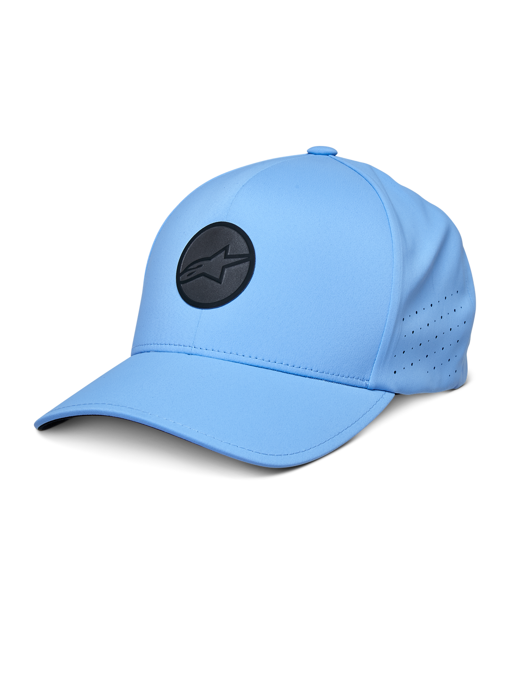 Alpinestars Apex Hat, boné de basebol azul, com logótipo circular preto, painéis laterais perfurados para ventilação, aba curva, vestuário desportivo de performance