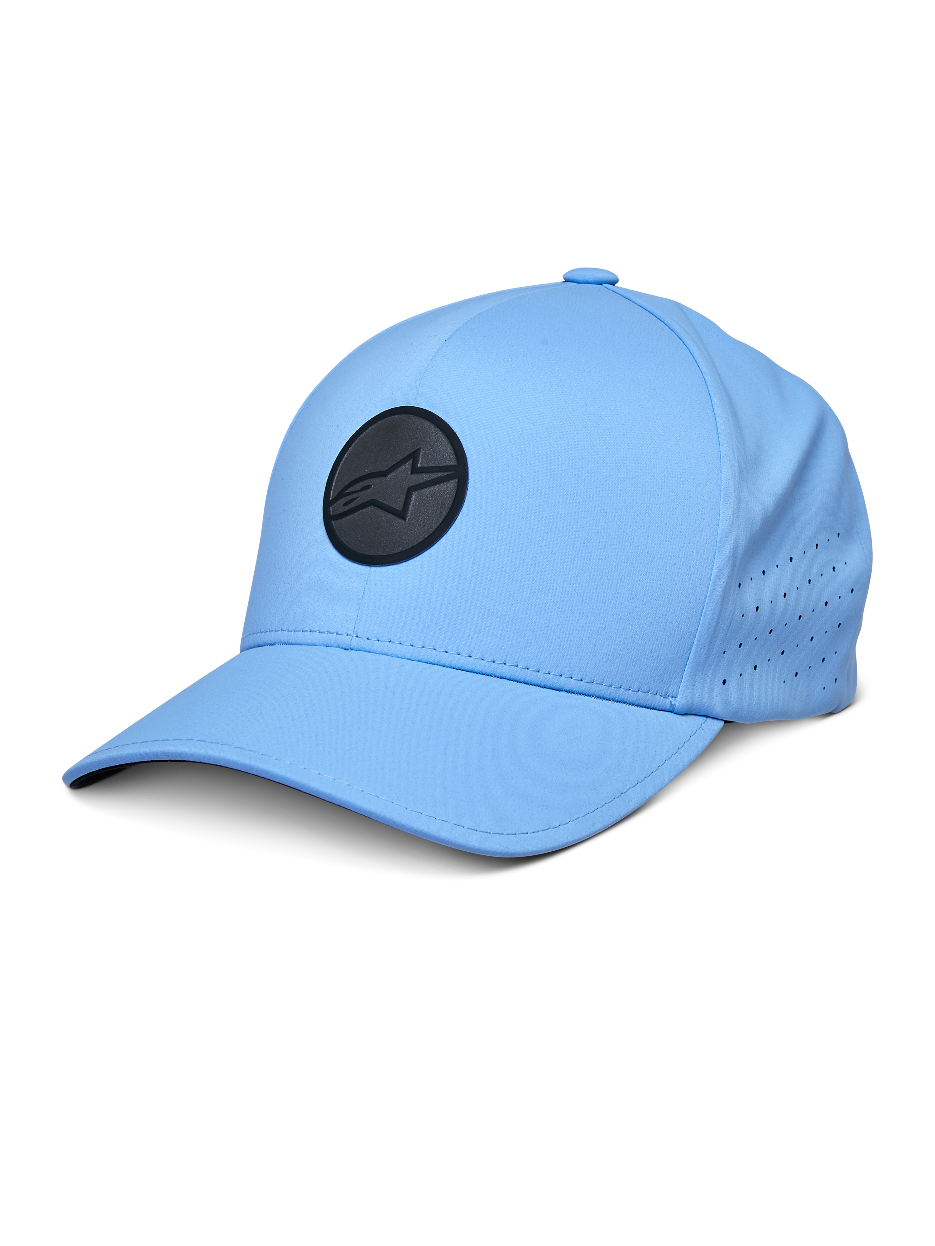 Alpinestars Apex Hat, boné de basebol azul, com logótipo circular preto, painéis laterais perfurados para ventilação, aba curva, vestuário desportivo de performance