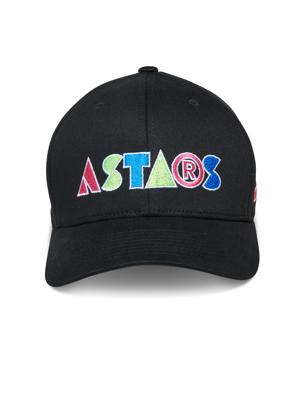 Alpinestars Cereal Hat, boné de basebol preto, logótipo colorido ASTARS bordado na frente, coroa estruturada com aba curva, vestuário desportivo casual de motorsport