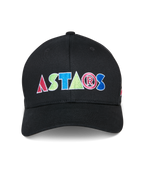 Alpinestars Cereal Hat, boné de basebol preto, logótipo colorido ASTARS bordado na frente, coroa estruturada com aba curva, vestuário desportivo casual de motorsport