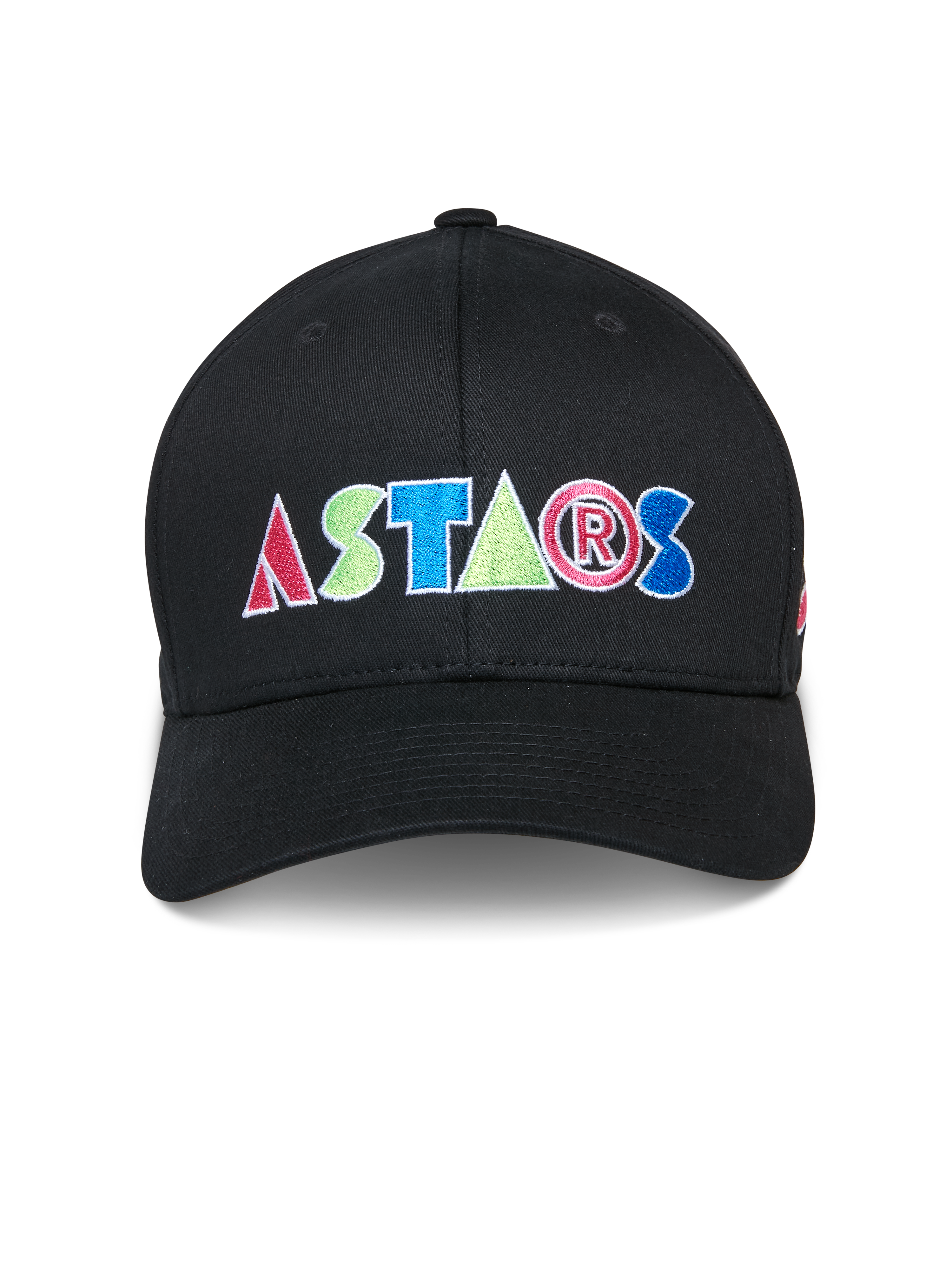 Alpinestars Cereal Hat, boné de basebol preto, logótipo colorido ASTARS bordado na frente, coroa estruturada com aba curva, vestuário desportivo casual de motorsport