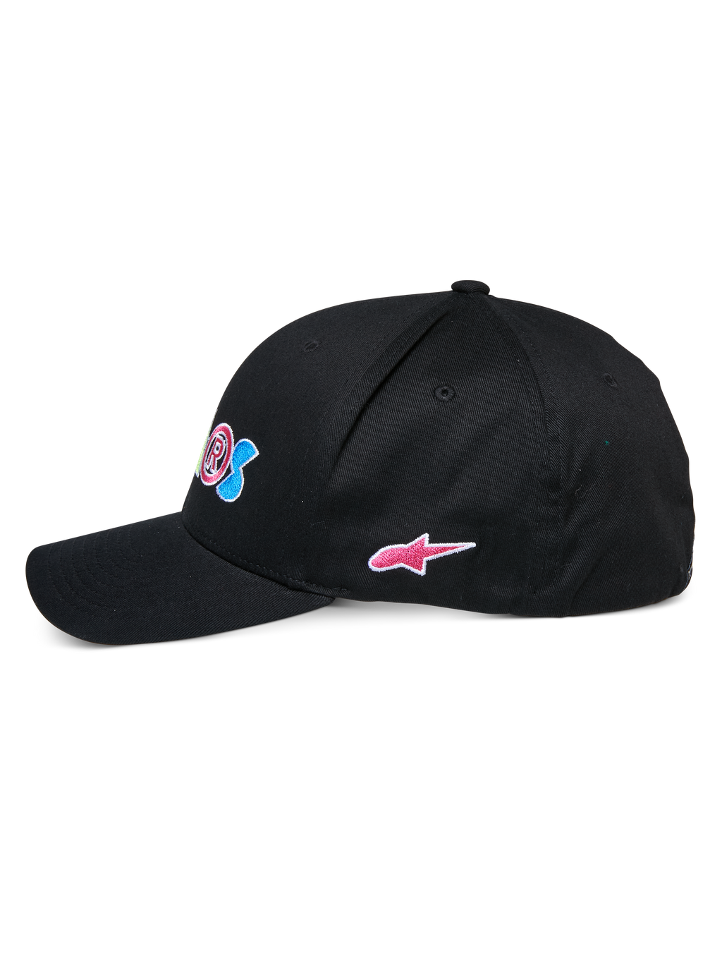 Boné Alpinestars Cereal, boné de basebol preto, vista lateral de perfil, pala curva com coroa estruturada, com bordado frontal colorido e logótipo de estrela da Alpinestars cor-de-rosa na lateral, acessório de cabeça de sportswear casual