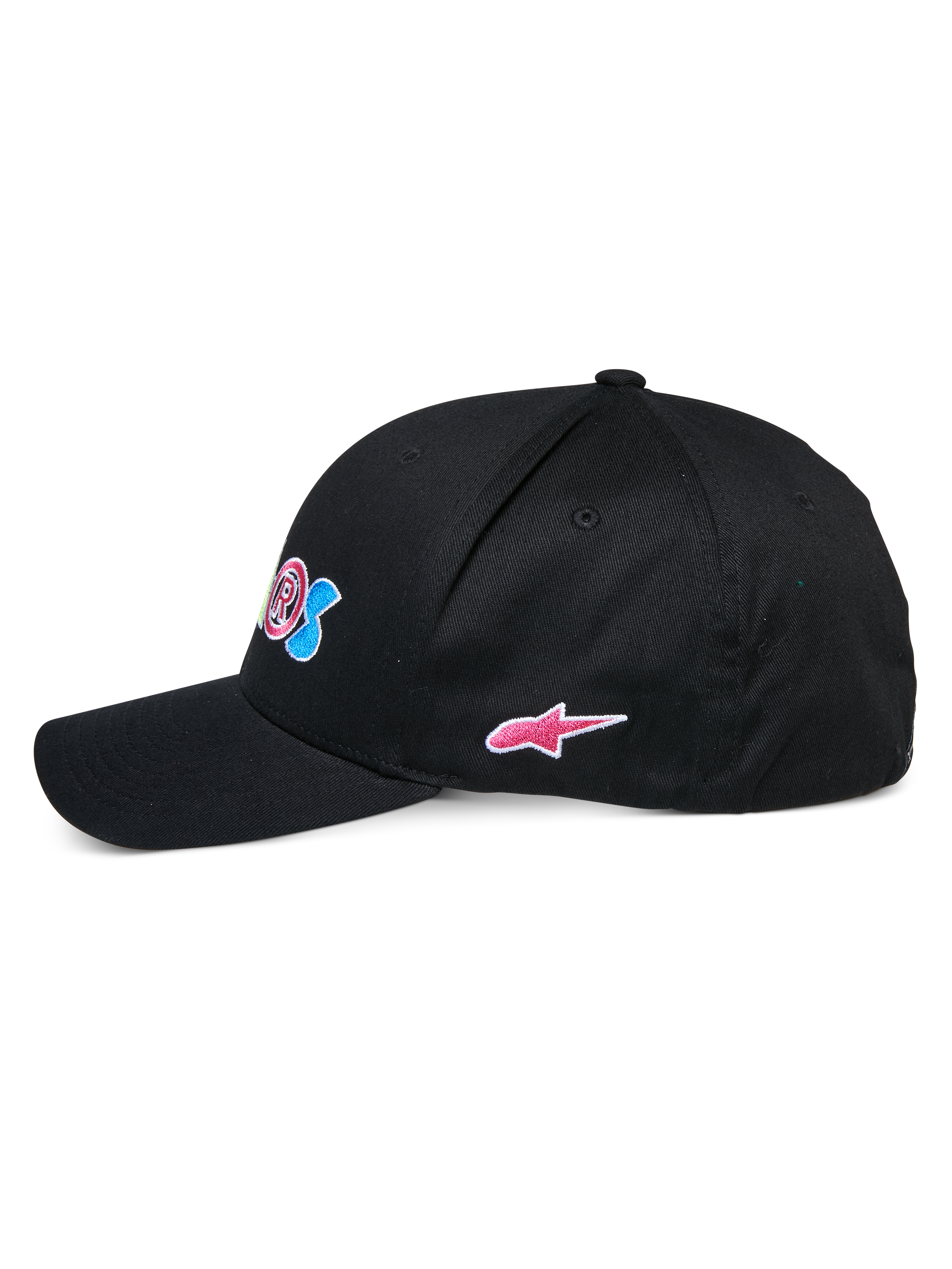 Boné Alpinestars Cereal, boné de basebol preto, vista lateral de perfil, pala curva com coroa estruturada, com bordado frontal colorido e logótipo de estrela da Alpinestars cor-de-rosa na lateral, acessório de cabeça de sportswear casual