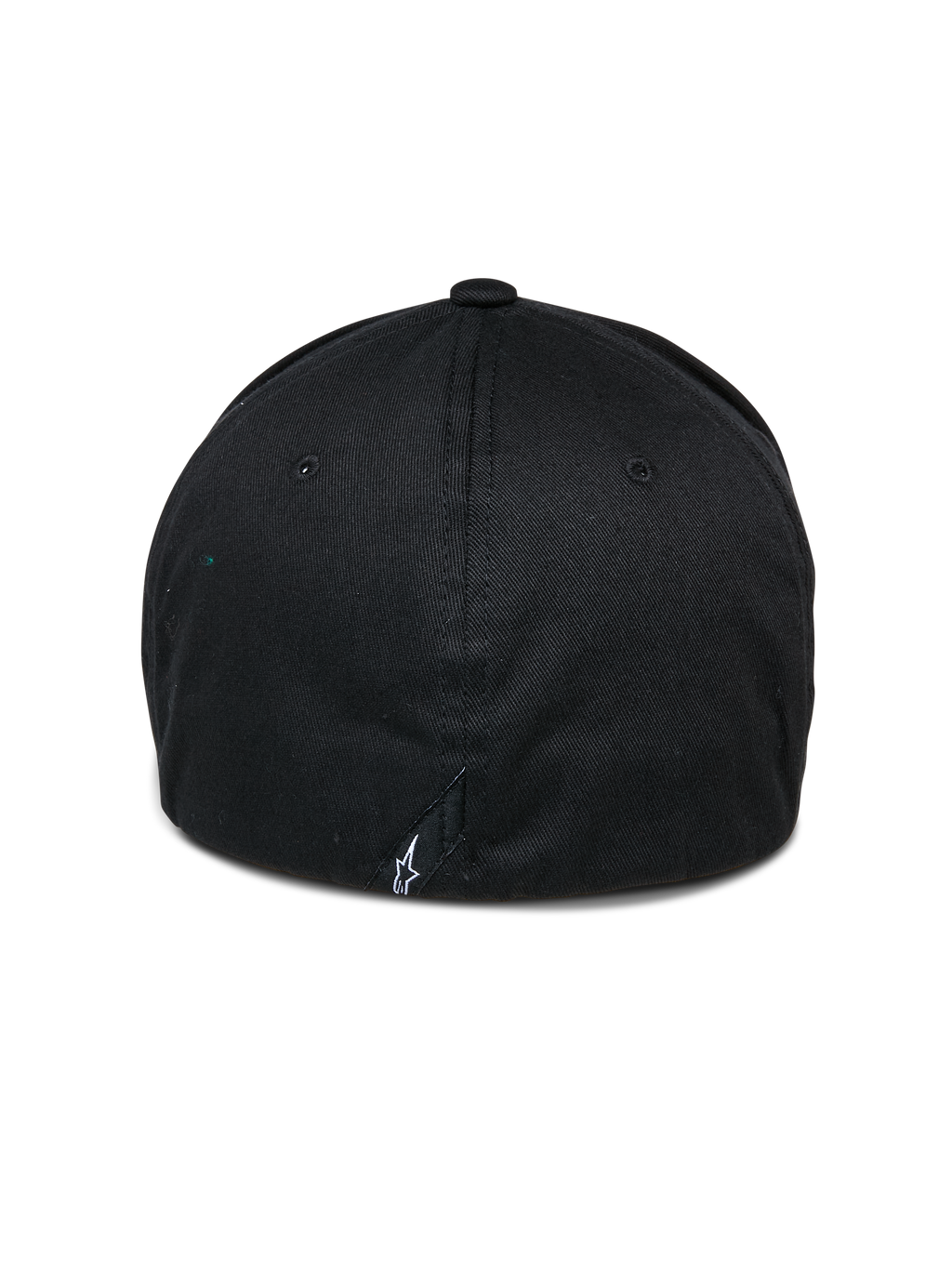 Alpinestars Cereal Hat, boné de basebol preto, vista traseira com construção flex back e um pequeno logótipo branco bordado na base, acessório de vestuário desportivo casual