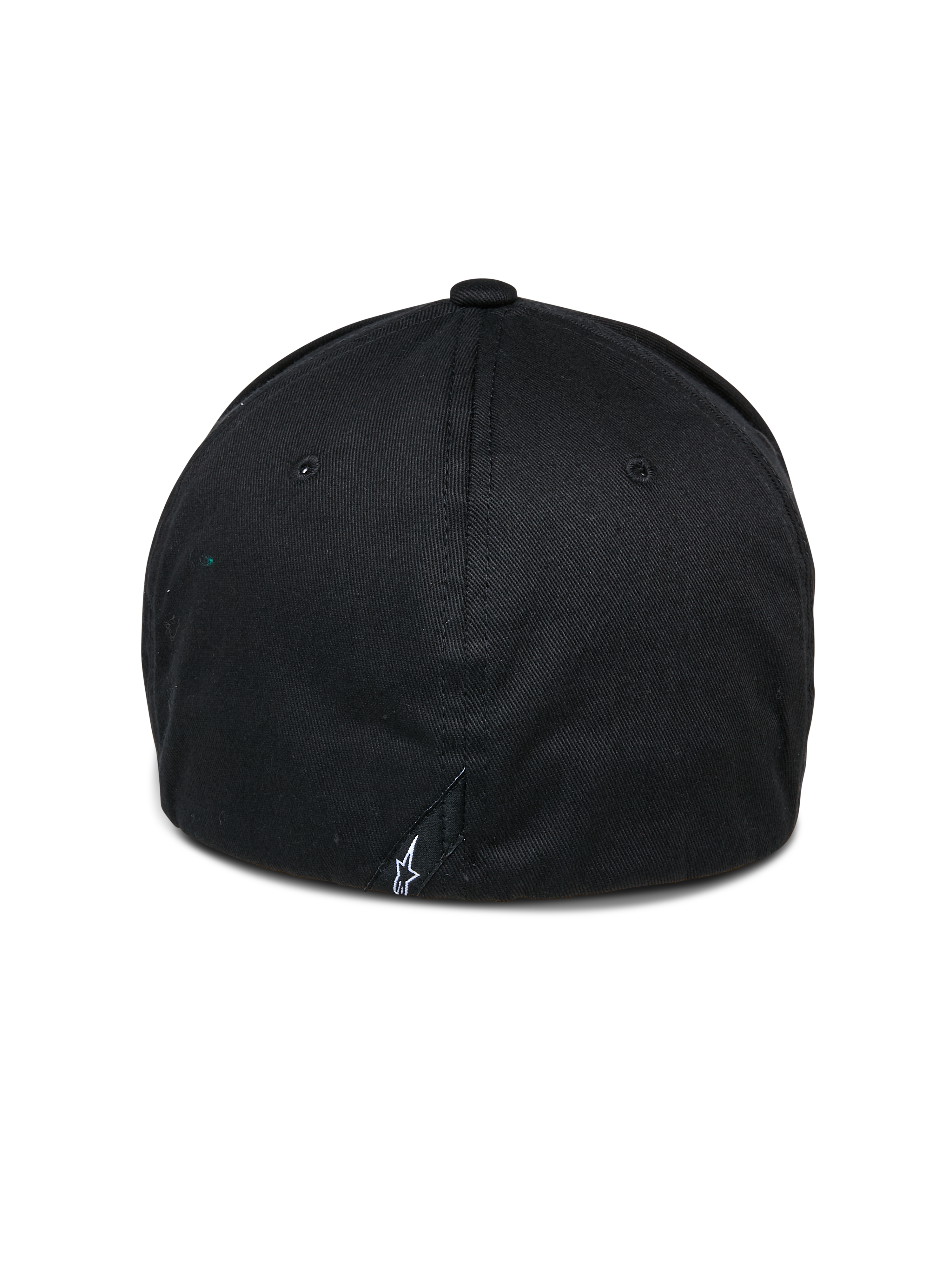 Alpinestars Cereal Hat, boné de basebol preto, vista traseira com construção flex back e um pequeno logótipo branco bordado na base, acessório de vestuário desportivo casual