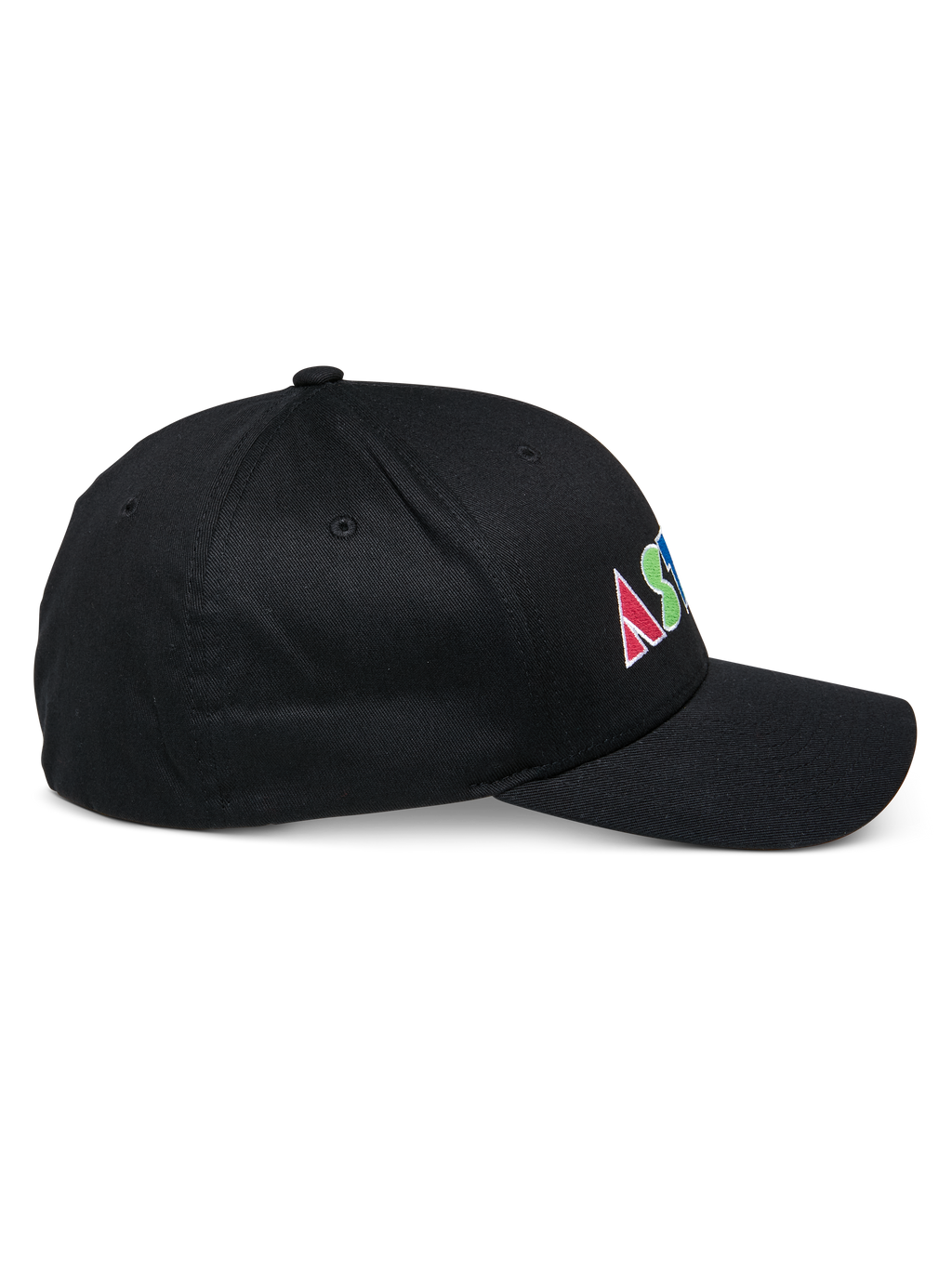 Alpinestars Cereal Hat, boné de basebol estruturado preto, vista de perfil lateral, logótipo com bordado plano colorido e letras geométricas na lateral, pala curva, design desportivo casual